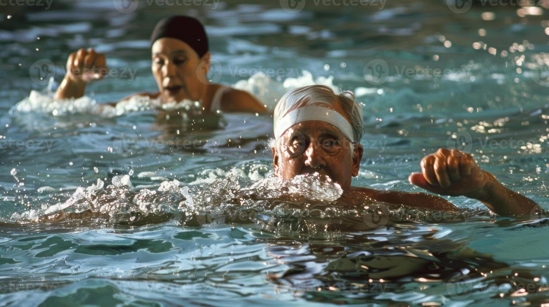 An older man and woman participating in a water aerobics class at the local community center photo