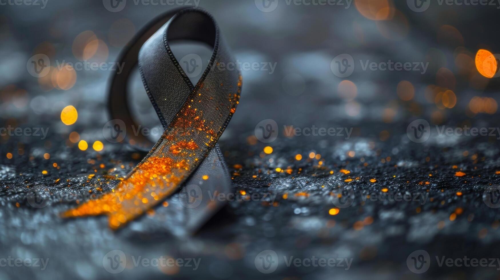 A gray ribbon with a spark of orange to symbolize hope in finding a cure for brain diseases photo