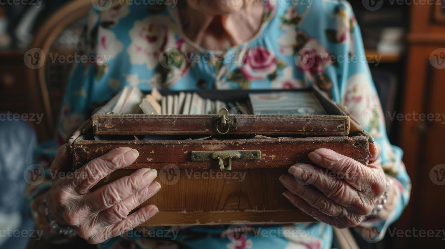 An elderly woman holding a memory box filled with items from her childhood with a look of nostalgia on her face photo