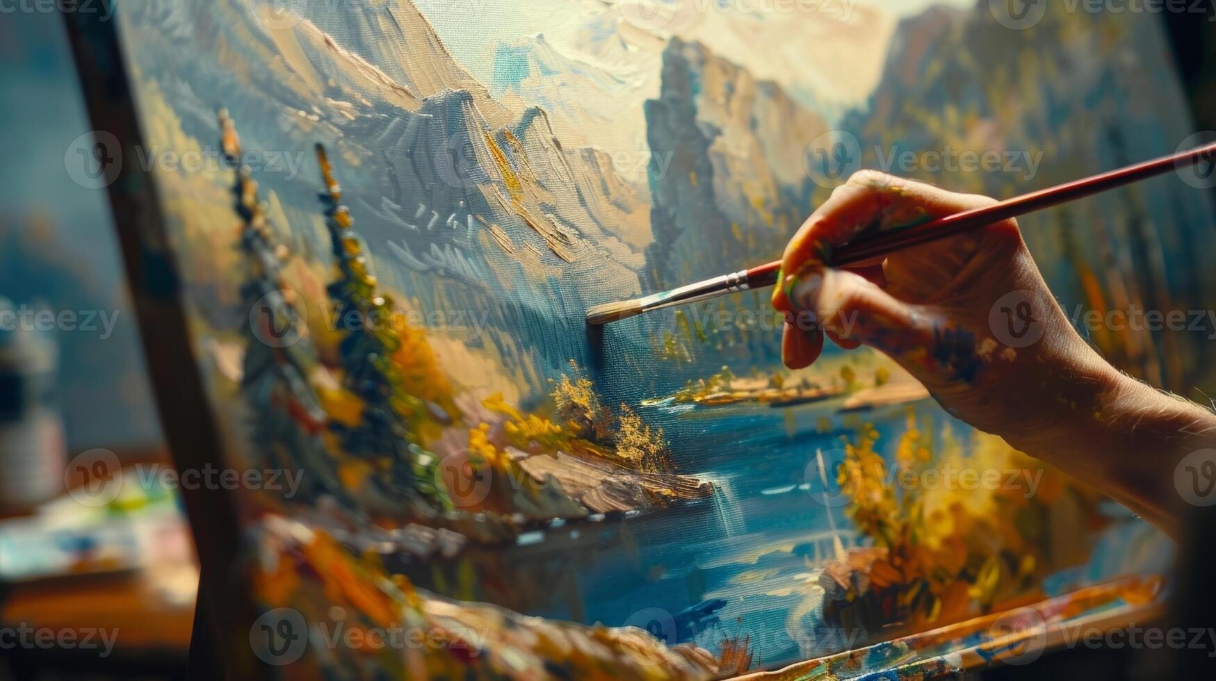 A person painting a landscape using their creativity and imagination to bring the scene to life photo