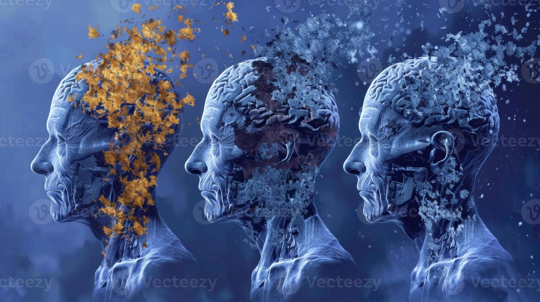 An illustration showing the stages of Alzheimers disease from mild cognitive impairment to severe dementia photo