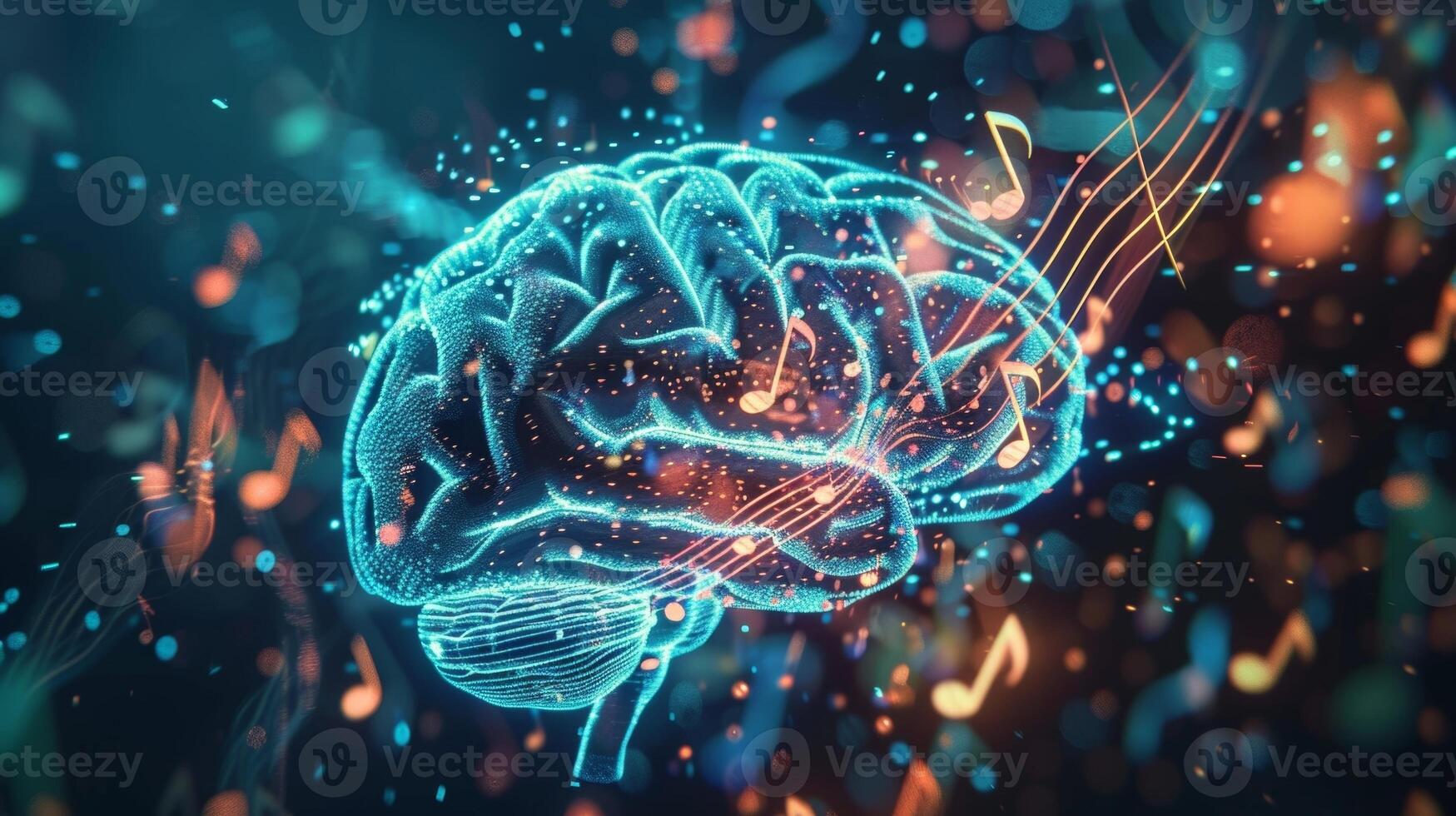 un gráfico de un cerebro con música notas superposición con el ...