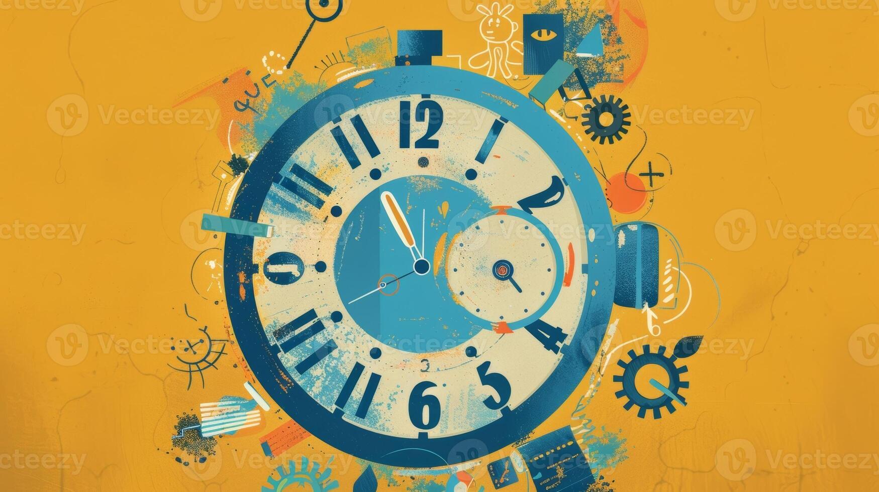 An illustration of a clock with tasks and corresponding times written around the face photo