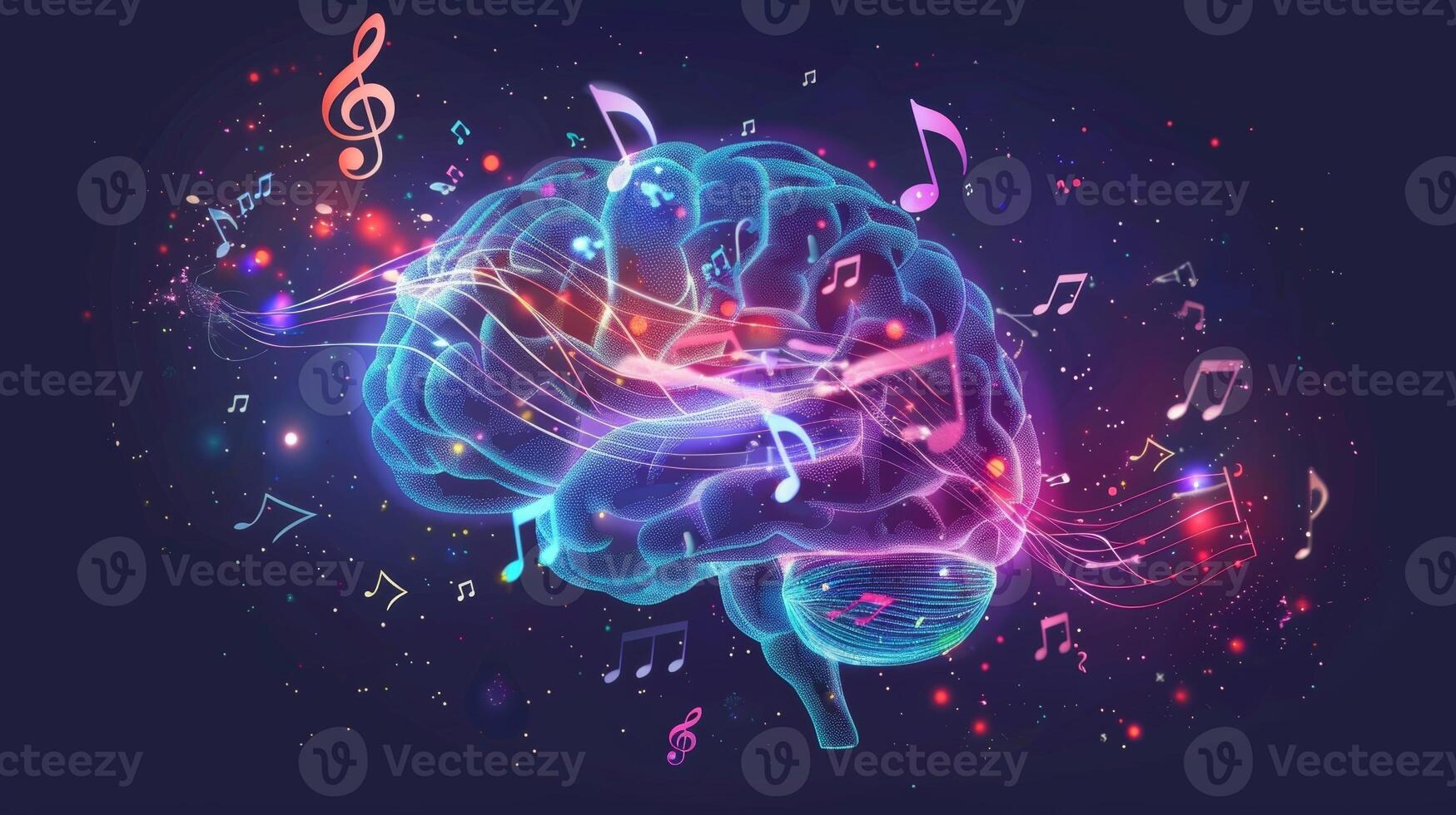 Graphic illustration of the brain with musical notes and