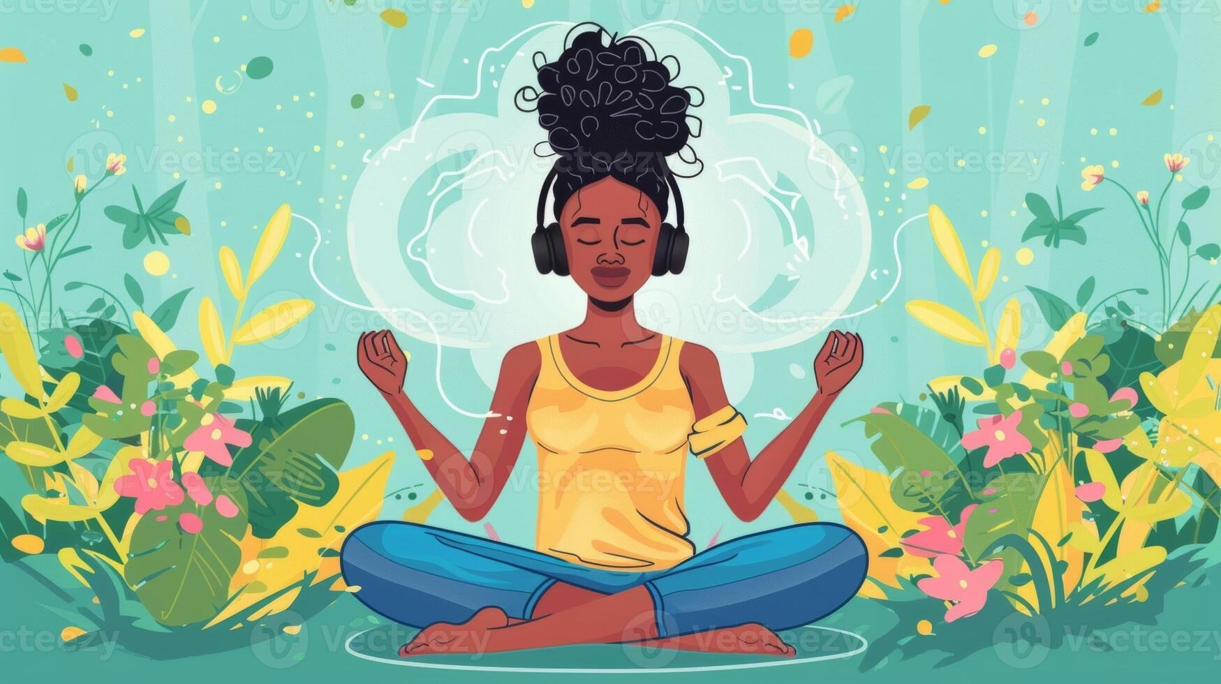 Illustration of a person doing yoga with headphones on highlighting the benefits of combining music with physical activity photo