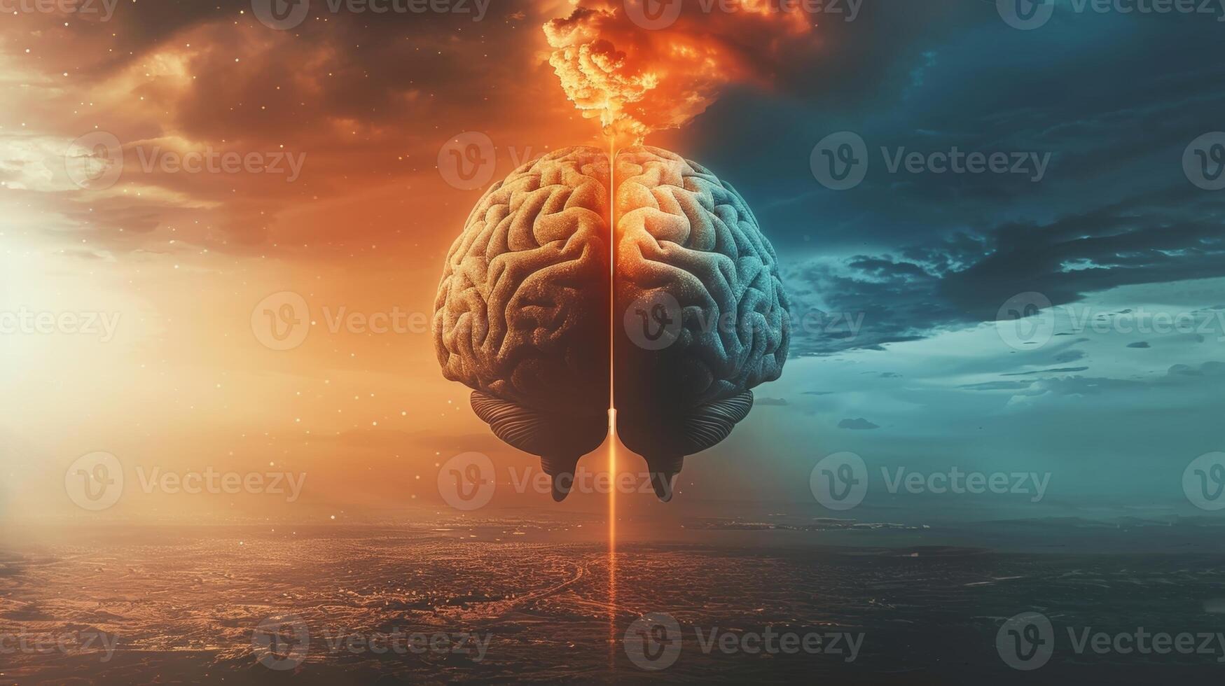 A poster with a brain split in half one side dark and cloudy while the other side is bright and clear highlighting the effects of mental health on brain health photo