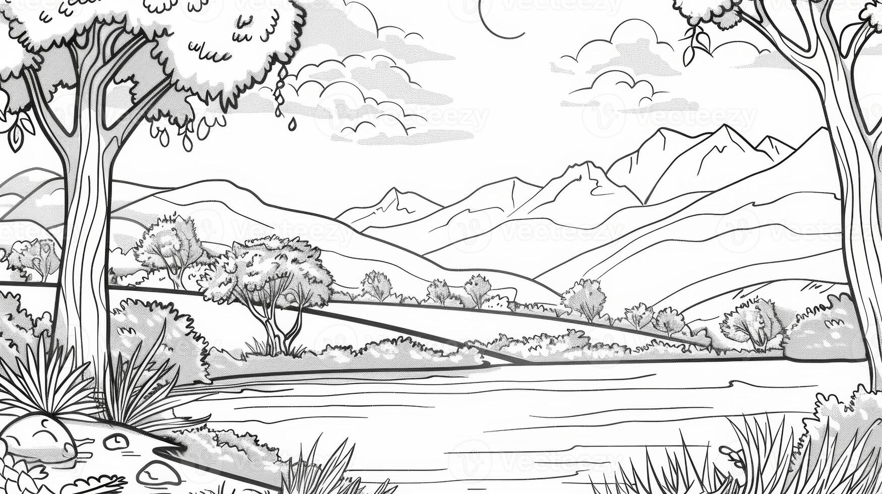 An illustration of a serene landscape scene in a mindfulness coloring book with a quote about mindfulness and relaxation photo