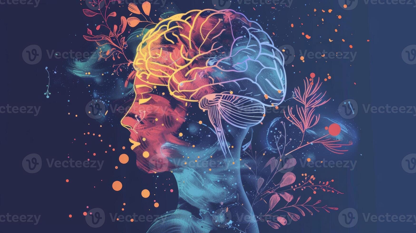 An illustration of the brain with different areas highlighted to show the beneficial effects of daily meditation on different parts of the brain photo