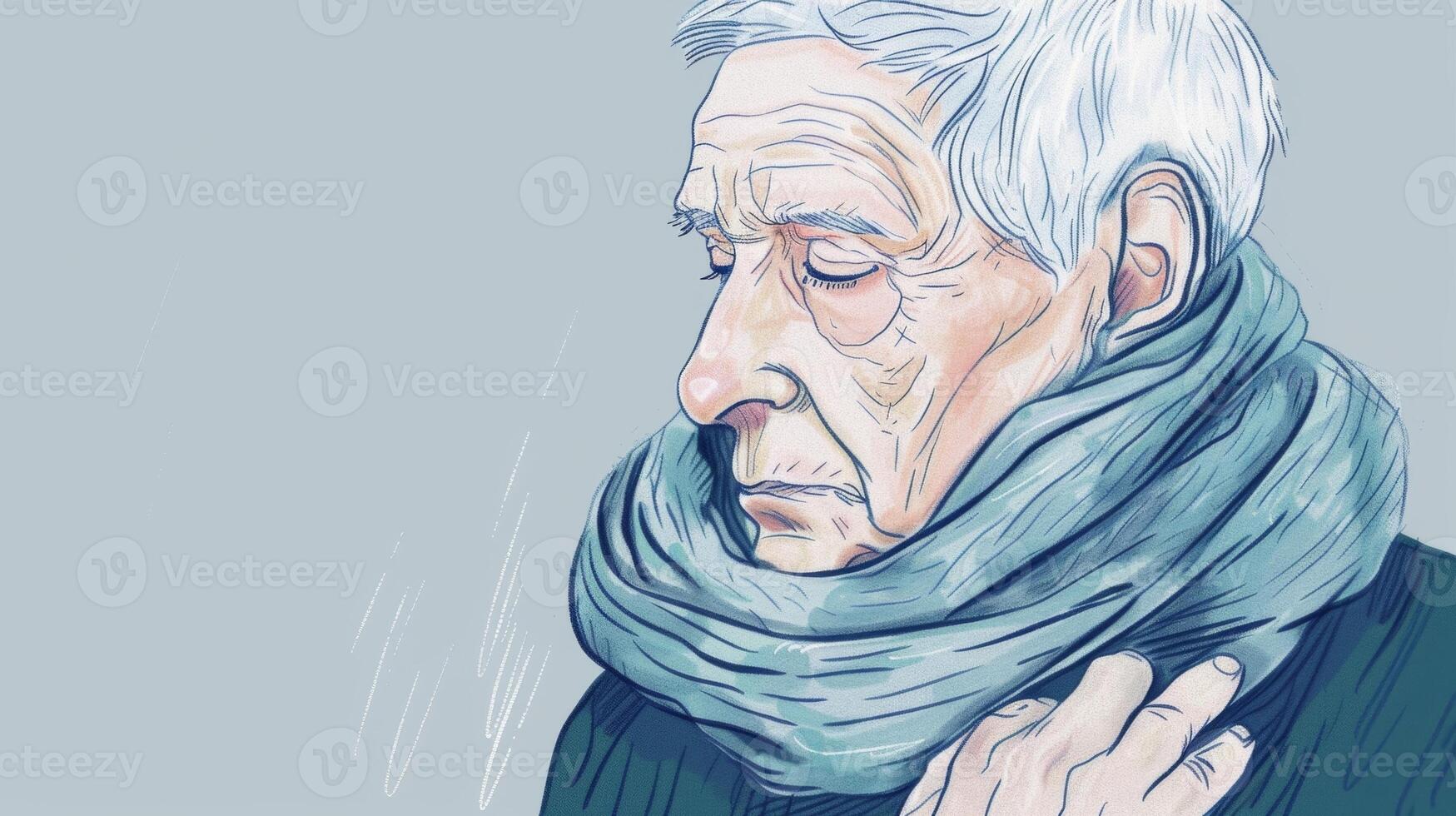 A drawing of an elderly person with an emotional support s wrapped around their neck photo