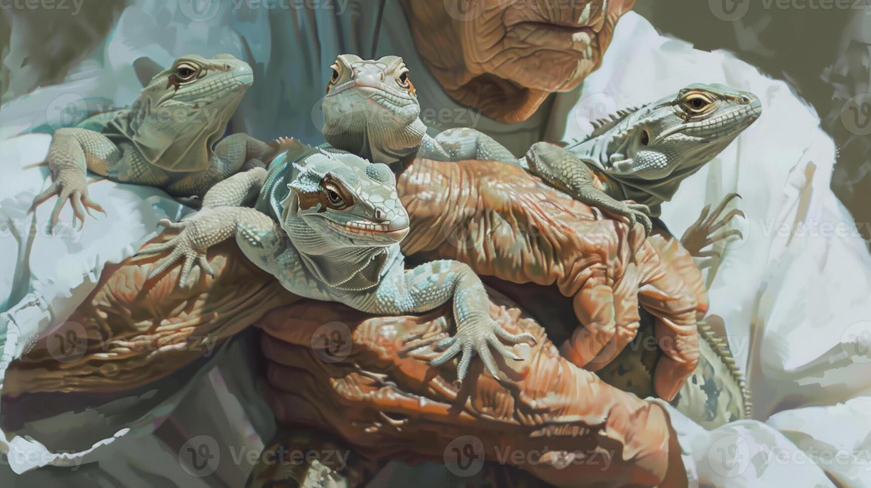 A digital illustration of an elderly person with multiple emotional support lizards crawling on their arms and shoulders photo