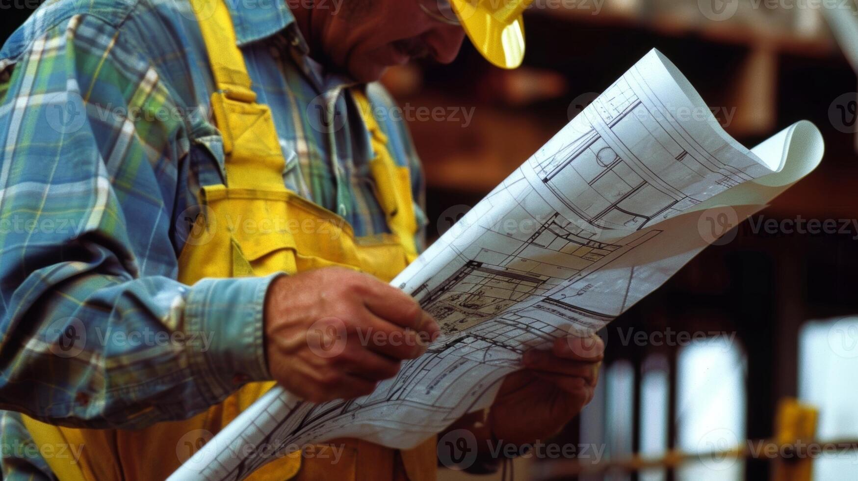A construction worker carefully flips through pages of blueprints pausing occasionally to examine a particular detail photo
