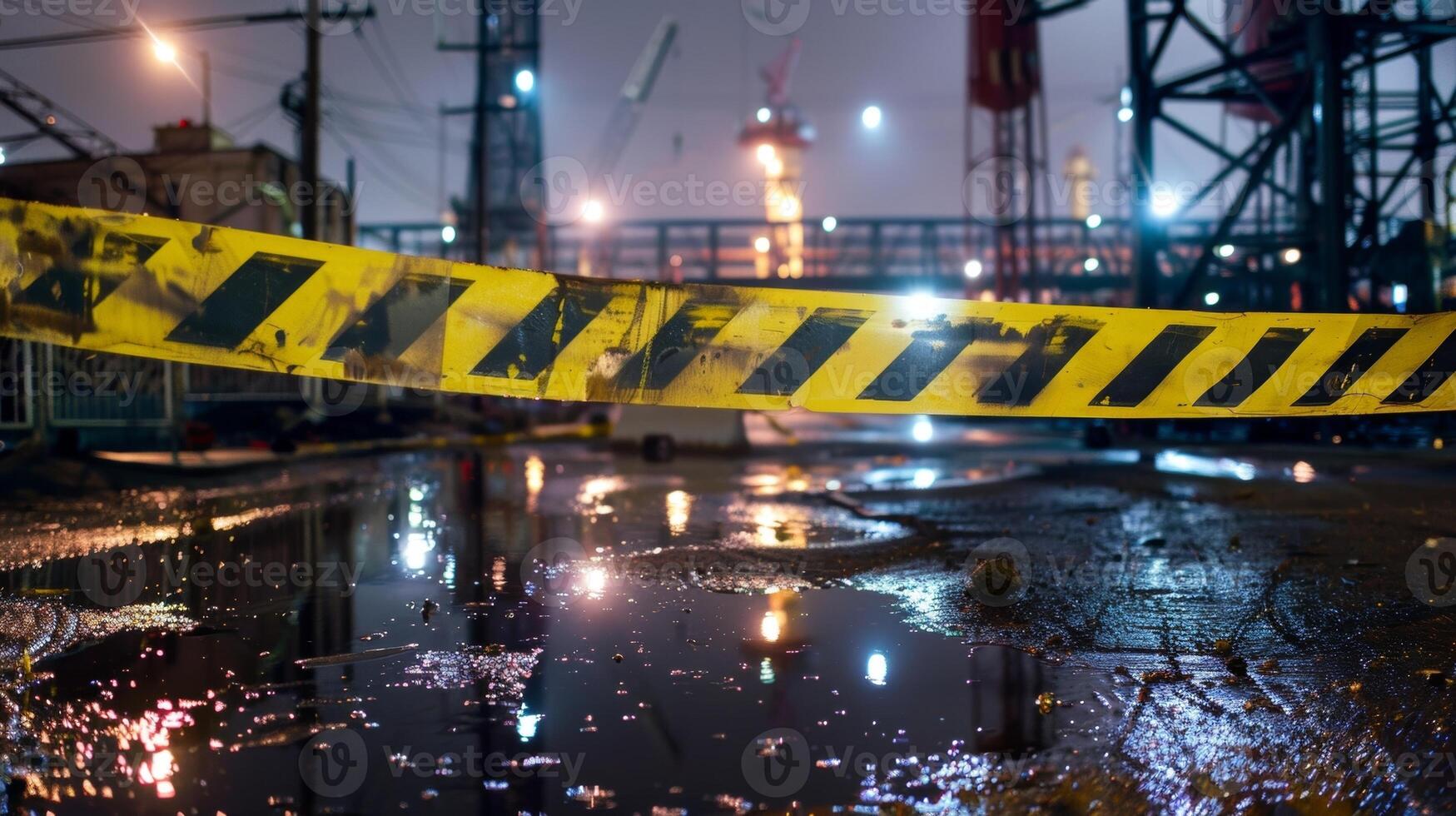 Bright yellow caution tape crisscrosses around the site warning of potential hazards in the darkness photo