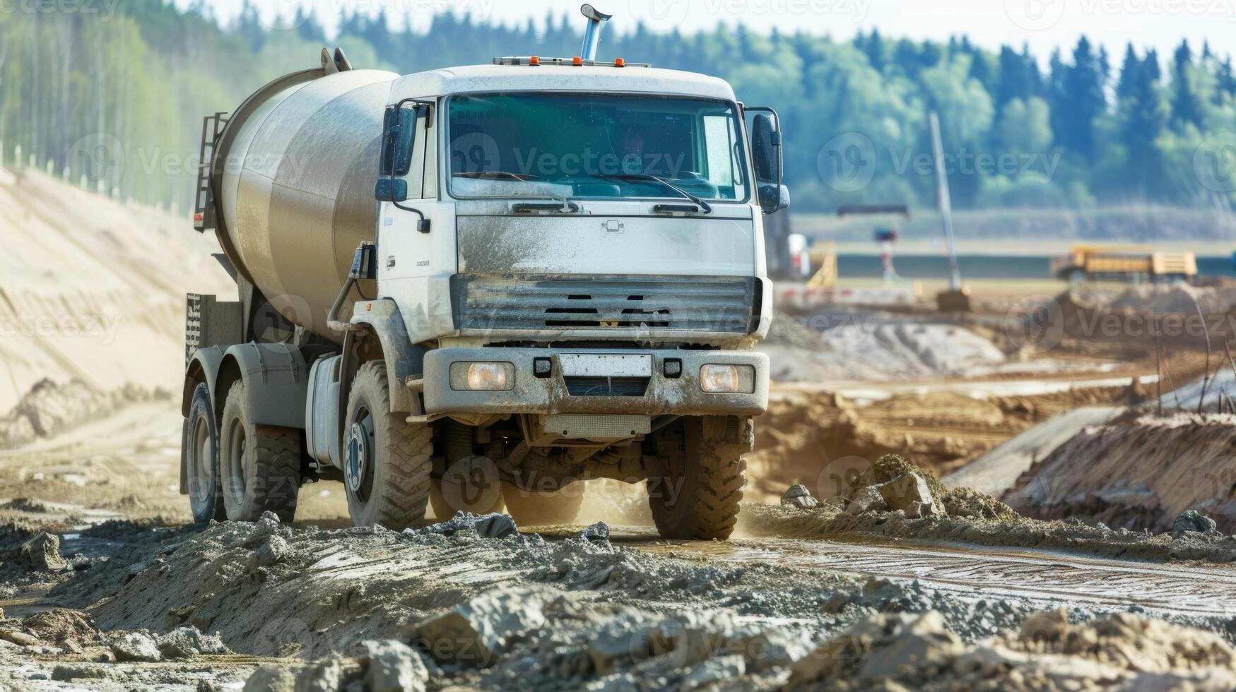 A concrete pump truck is used to pour concrete into newly dug trenches for additional foundation reinforcement photo