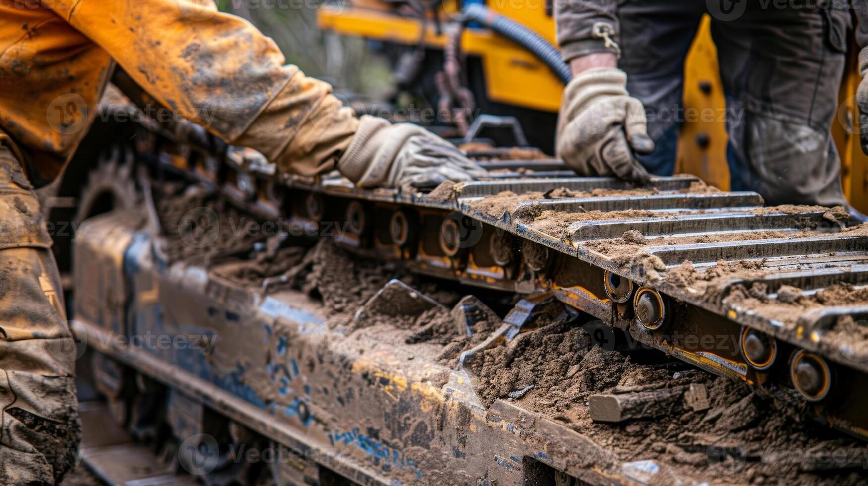 A group of workers disassembling and replacing worn out tracks on a crawler dozer prolonging its lifespan and efficiency on the job photo