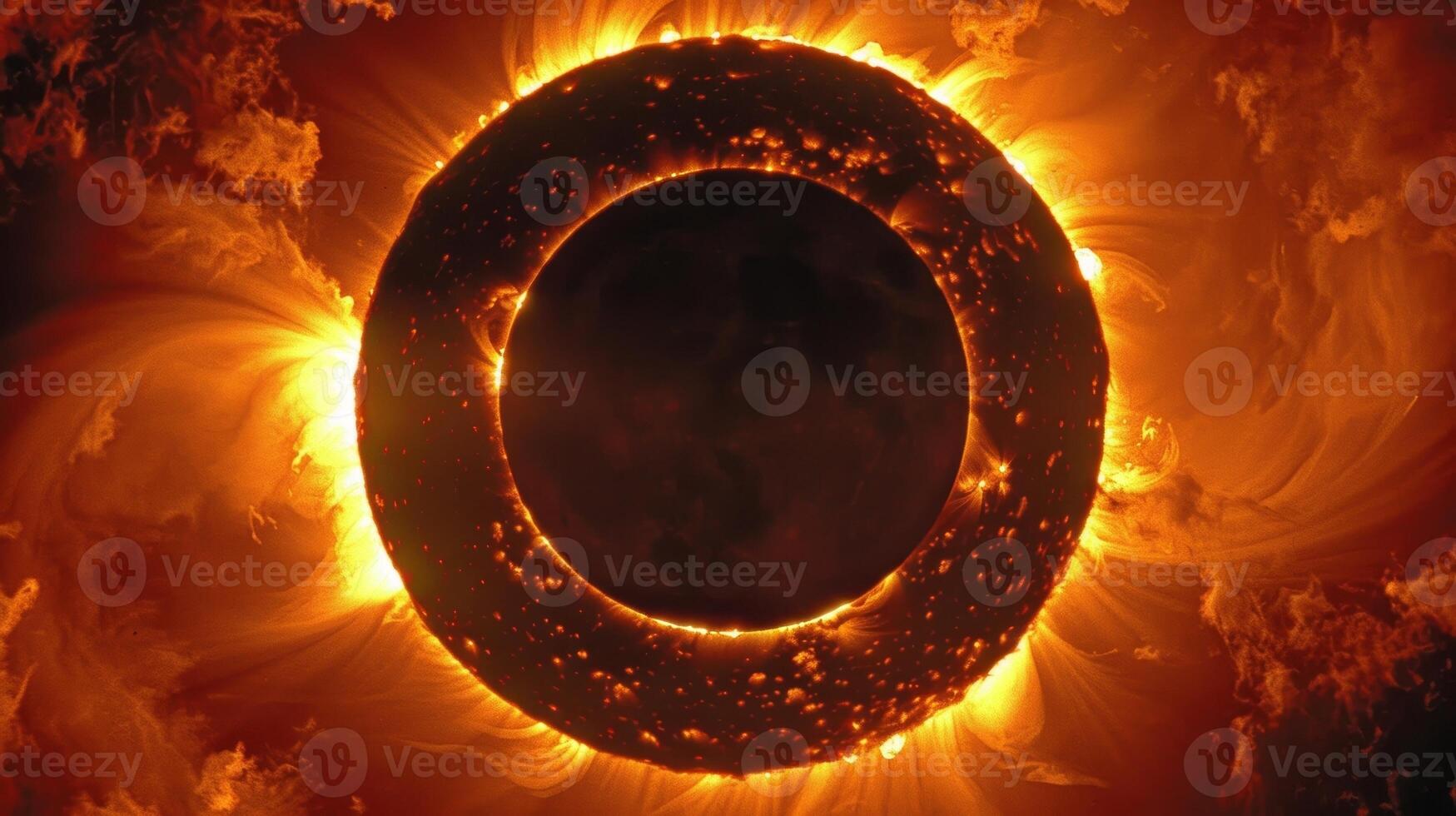 The suns corona is just ly visible around the edges of the moon during the Ring of Fire solar eclipse photo
