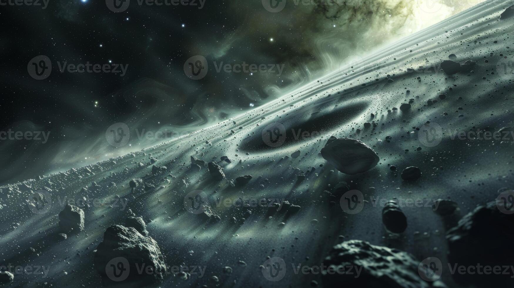 A spacethemed photograph with an asteroid belt creating gravity waves that ripple through the cosmic dust photo
