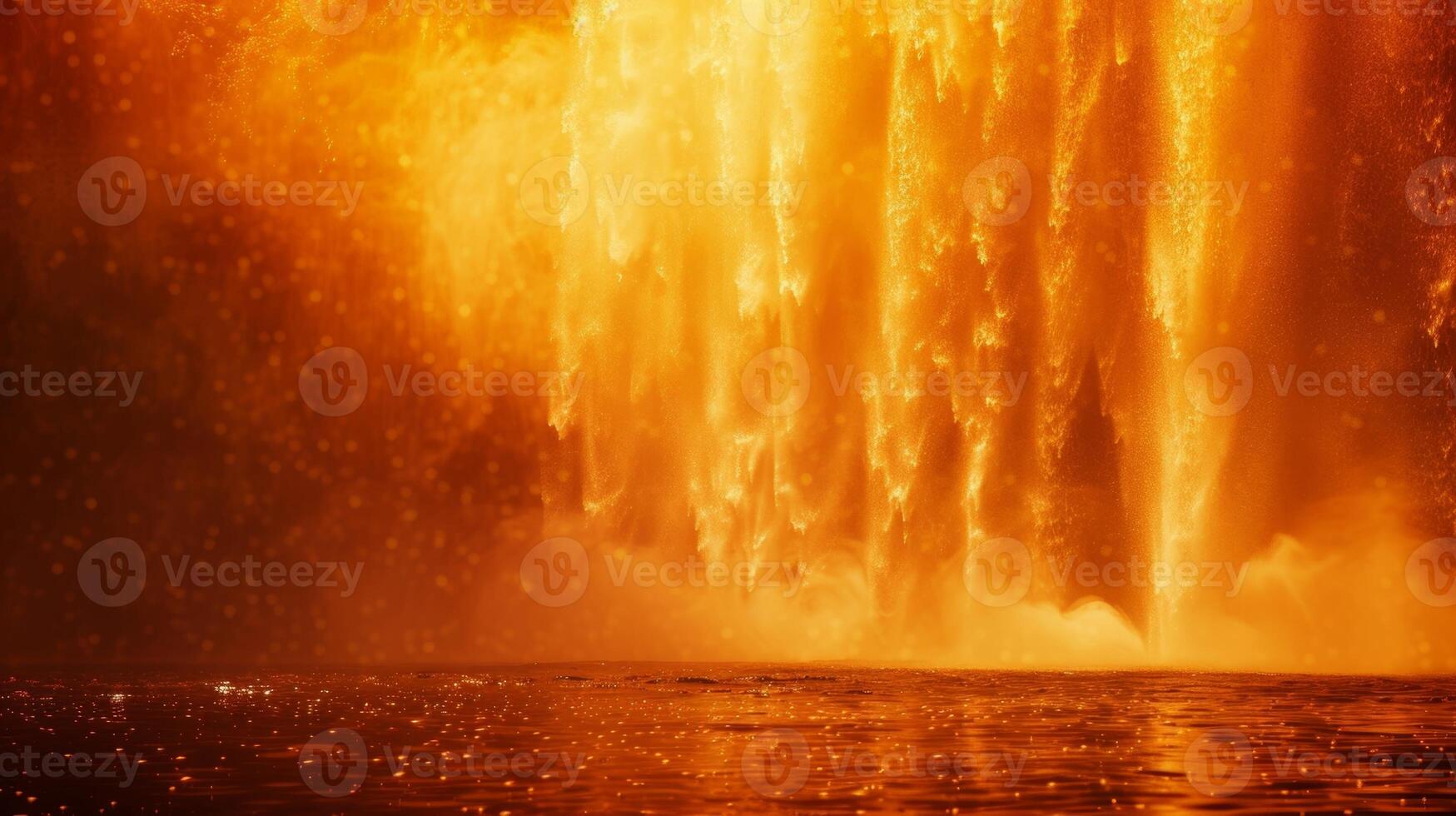 The sky and water merging in fiery hues as a waterfall appears to be engulfed in flames photo