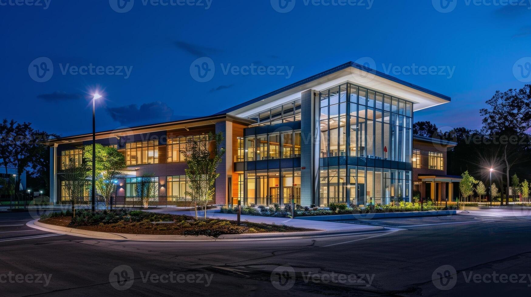 The renovated and expanded building shining brightly at night with its new features and structures standing tall representing a successful renovation and expansion project photo
