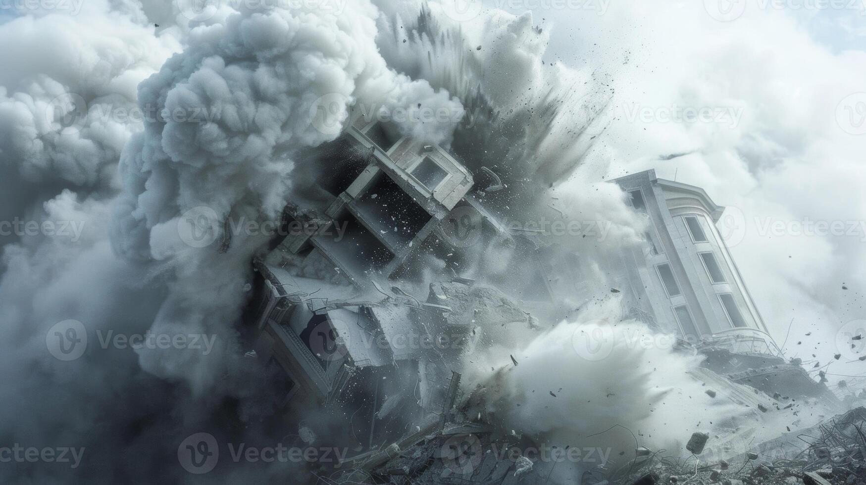 Thick clouds of dust filling the air as a wrecking ball crashes into an old building bringing it down photo