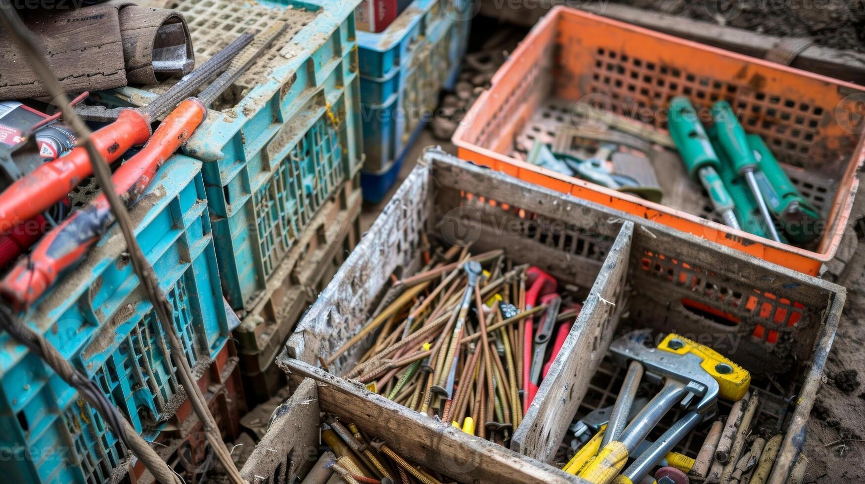 Crates of supplies and tools tered around the site ready to be used for the days work photo