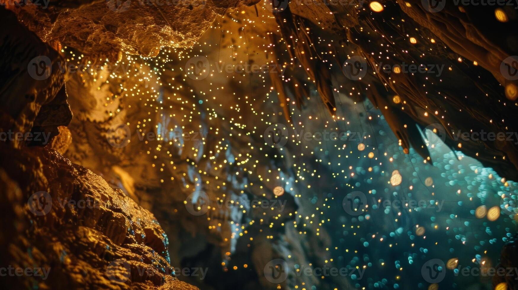 A large chamber in the cave is filled with millions of glow worms their tiny dots of light creating a starry night sky photo