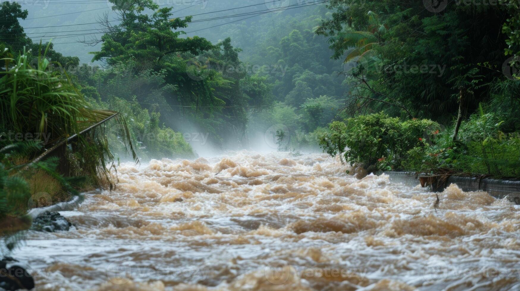 A river swollen and rushing carrying debris from the heavy monsoon downpour photo
