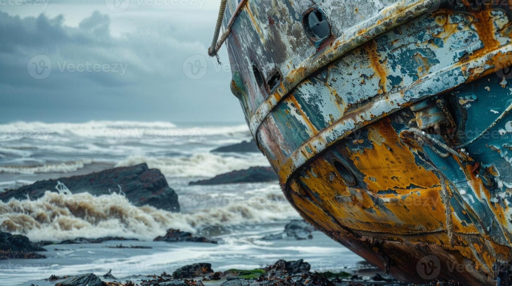The abandoned hull of a ship lies on the shore wrecked by a rogue wave photo