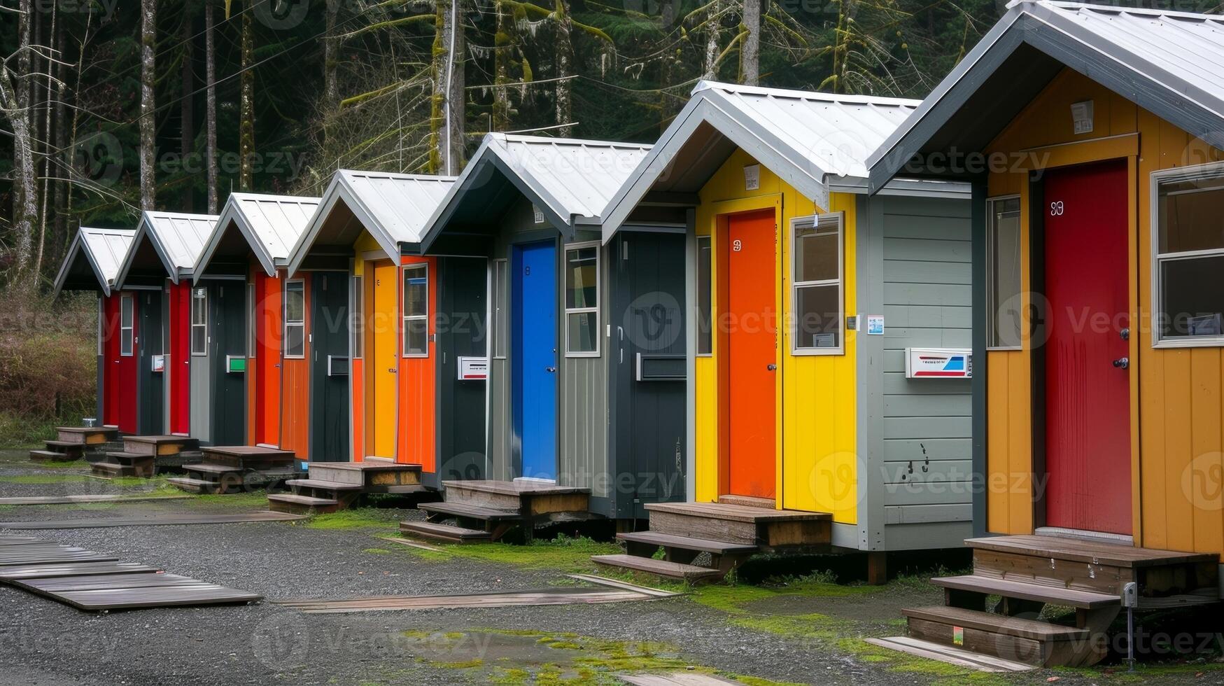 A row of sy cabins with brightly colored doors providing cozy and private living spaces for the workers photo