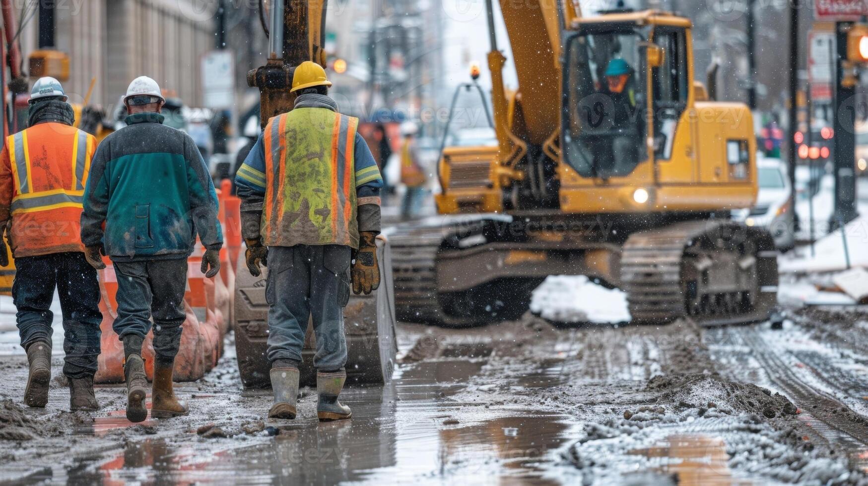 Despite the challenging weather conditions a team of construction workers works diligently to make progress on the site showcasing their resilience and dedication photo