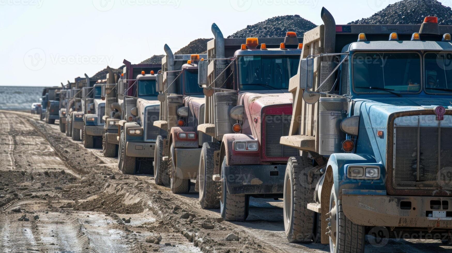 A long line of dump trucks waiting to unload sand and gravel needed for the foundation of a new building photo