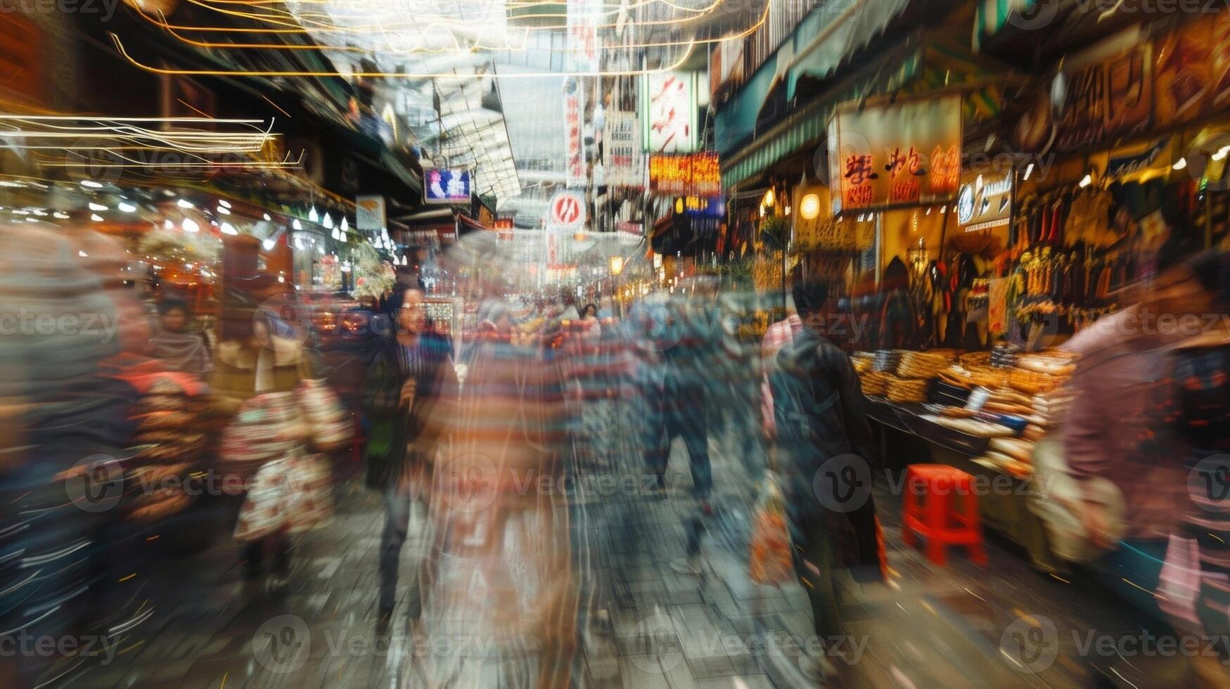 A distorted image of a bustling marketplace with vendors and shoppers appearing and disappearing photo