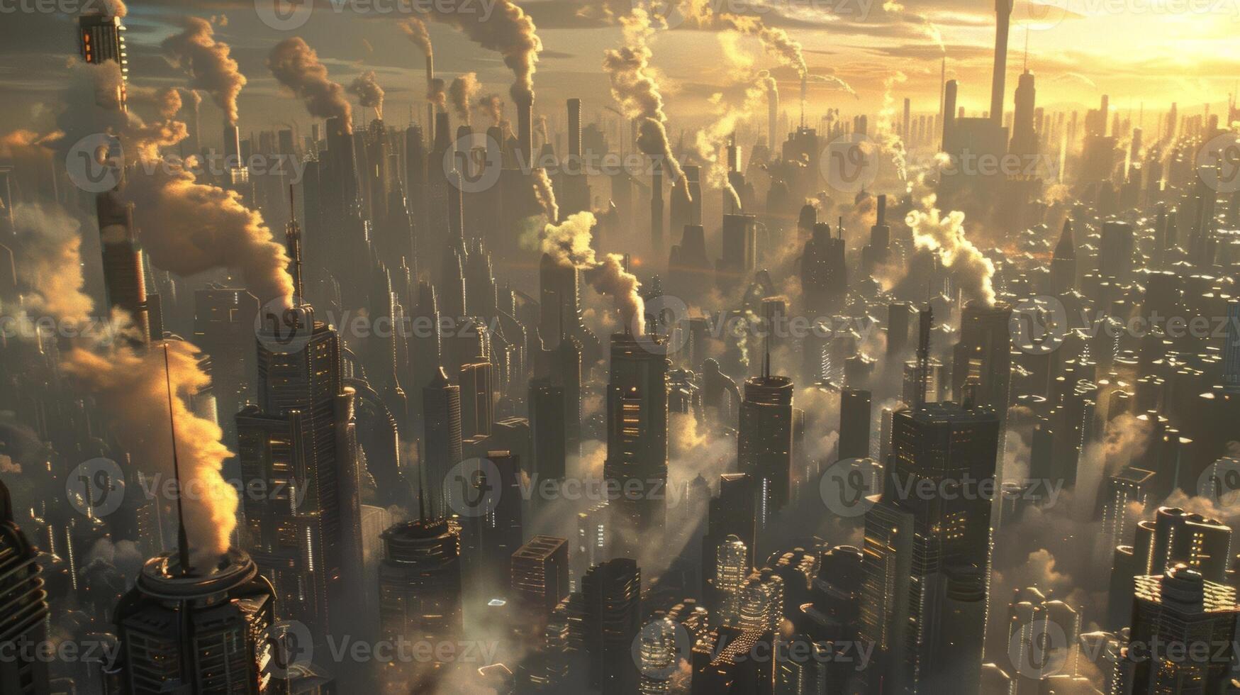 A scifi inspired cityscape with towering buildings and steam rising from the ground due to the advanced geothermal technology used to power the city photo