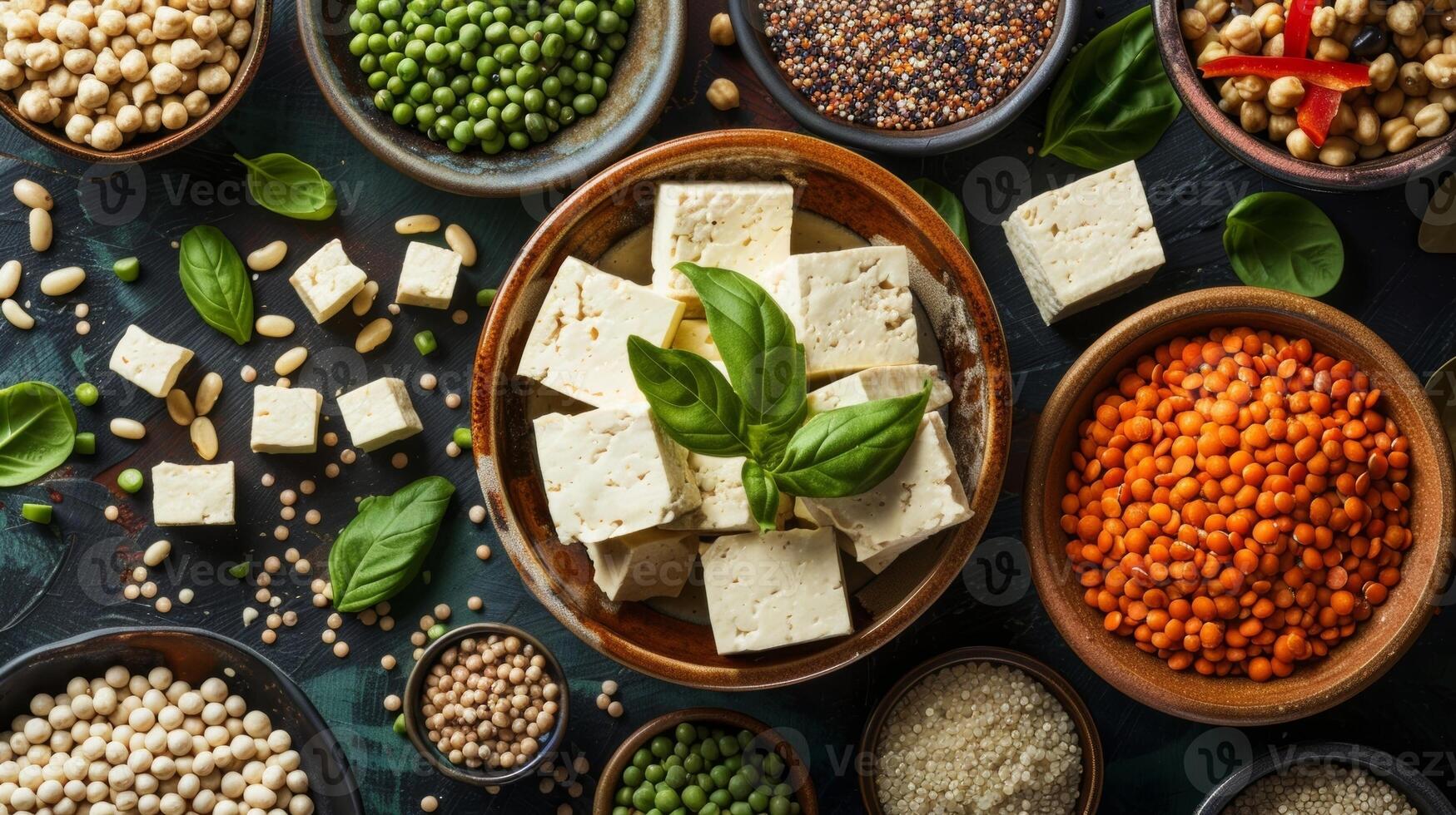 A colorful spread of plantbased proteins such as tofu legumes and quinoa highlighting the benefits of incorporating these foods into a nutrition plan for a healthy brain photo