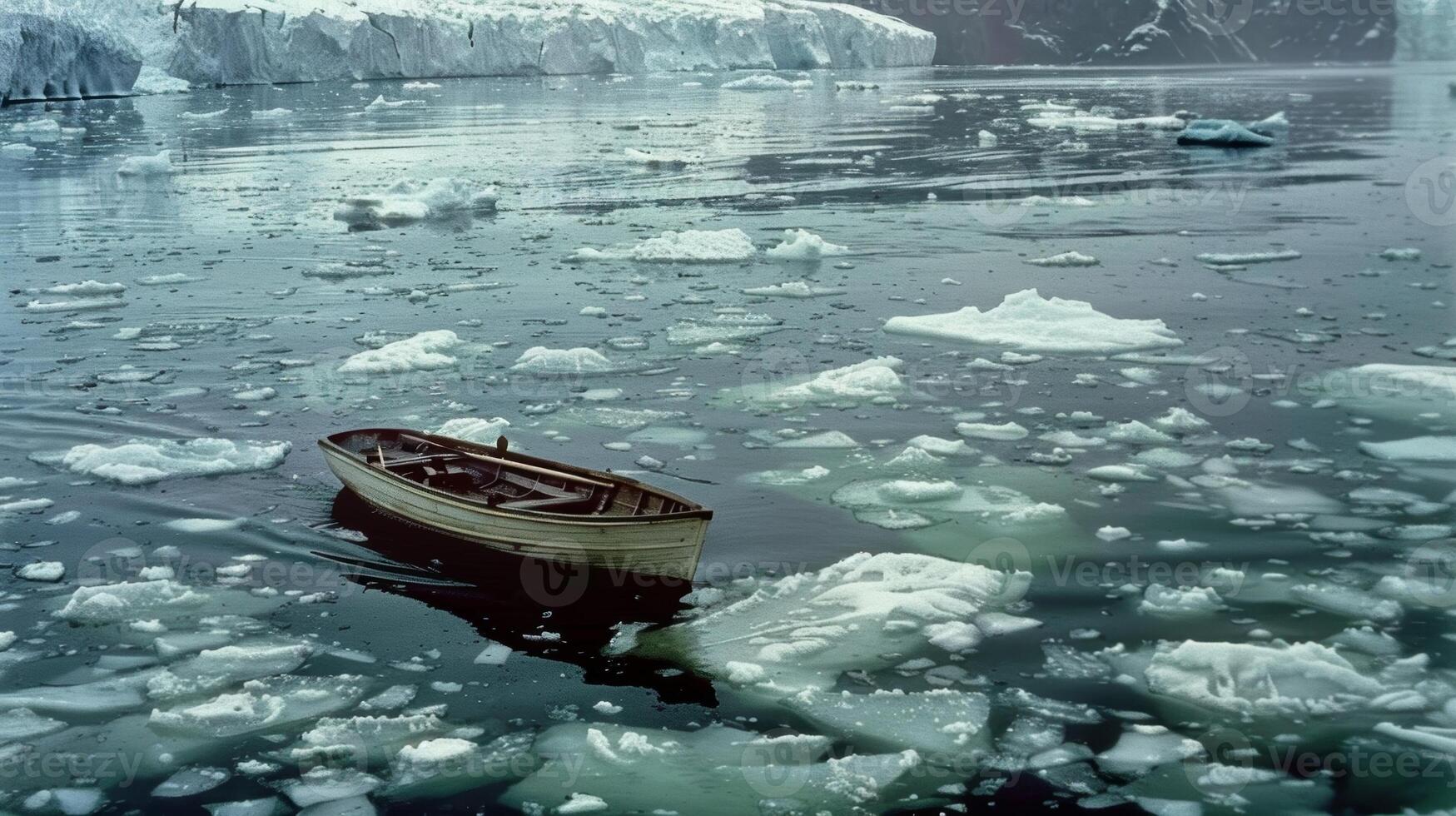 A small boat navigates cautiously through the crowded waters carefully avoiding the floating icebergs photo