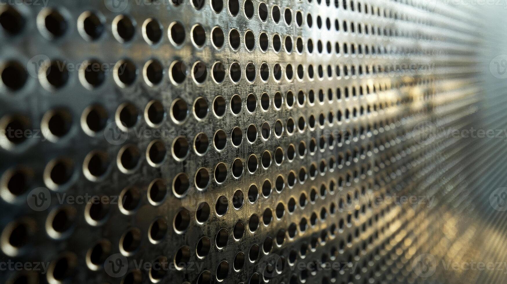 A detailed shot of a perforated metal sheet revealing the varying sizes and angles of the perforations creating a visually dynamic texture photo