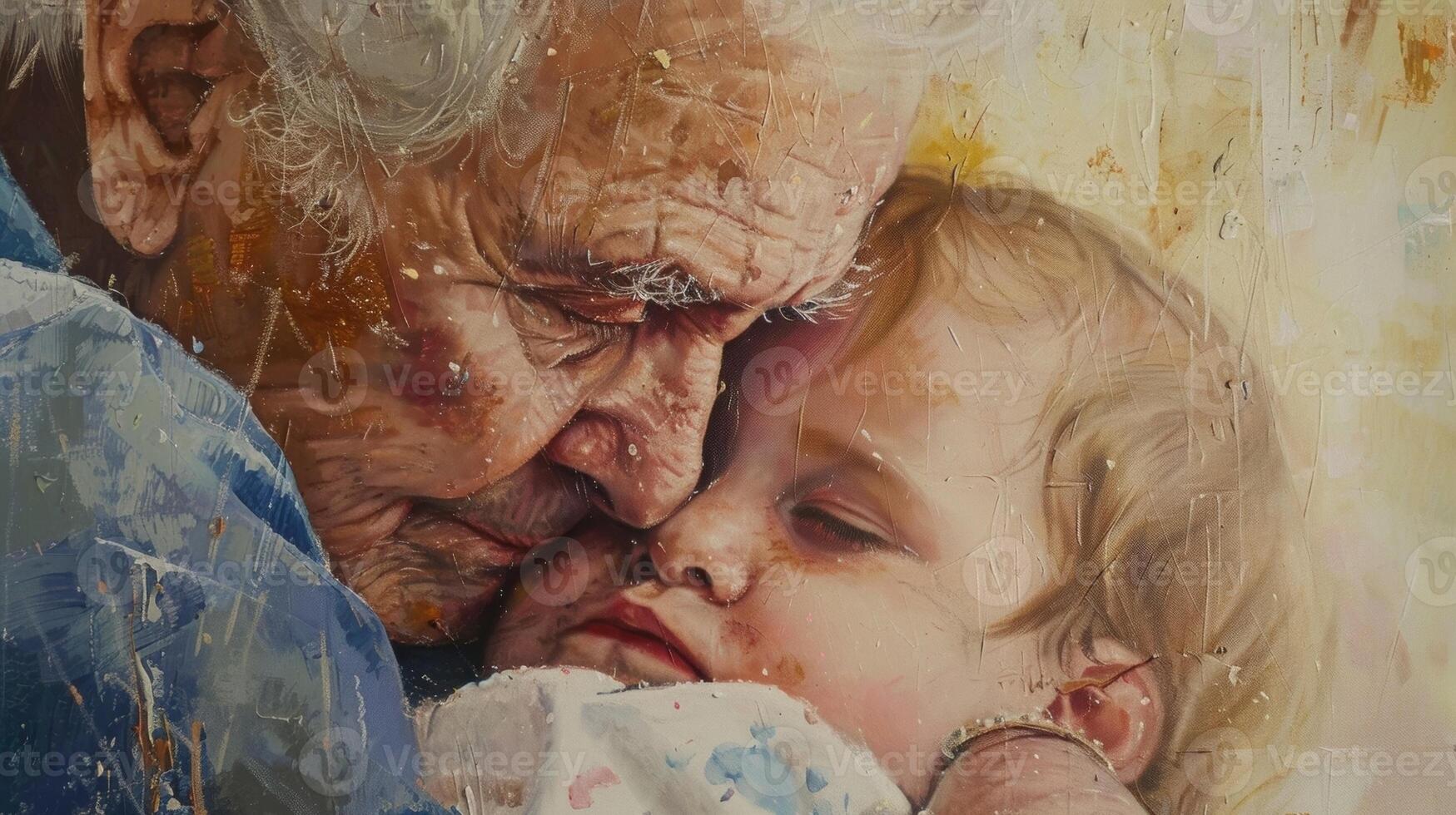 An elderly persons painting of a grandparent holding their grandchild showcasing the love and emotion captured in their artwork photo