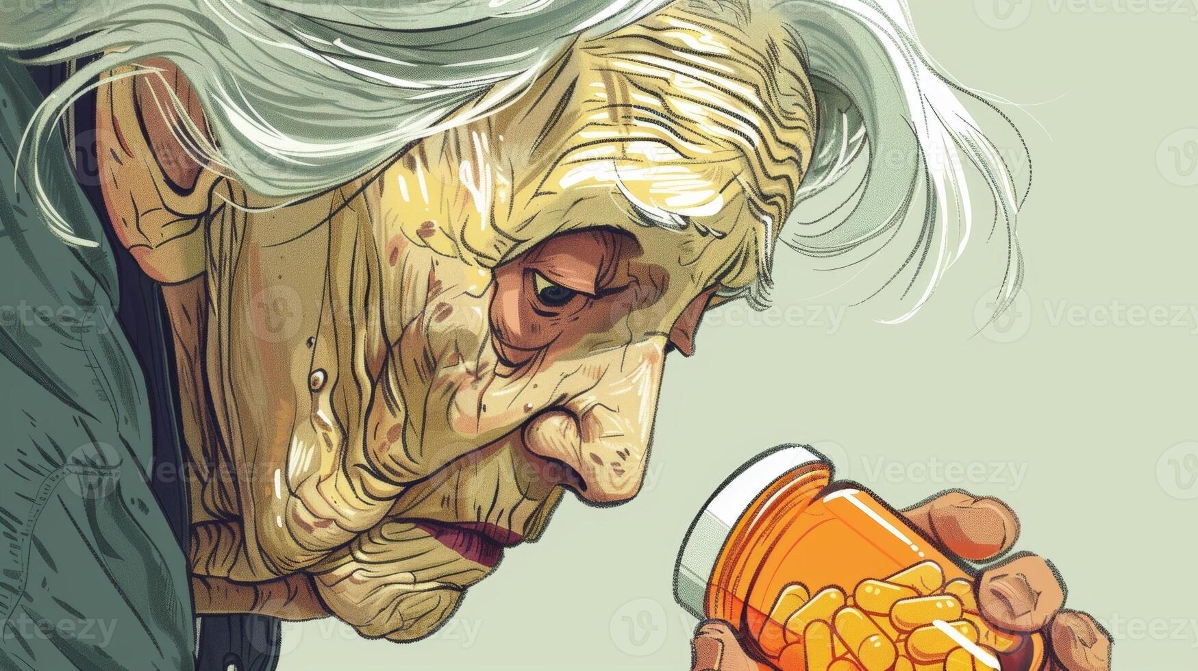 Handdrawn image of an elderly person looking at an empty pill bottle with a frown reflecting the importance of consistent intake of brain health supplements photo