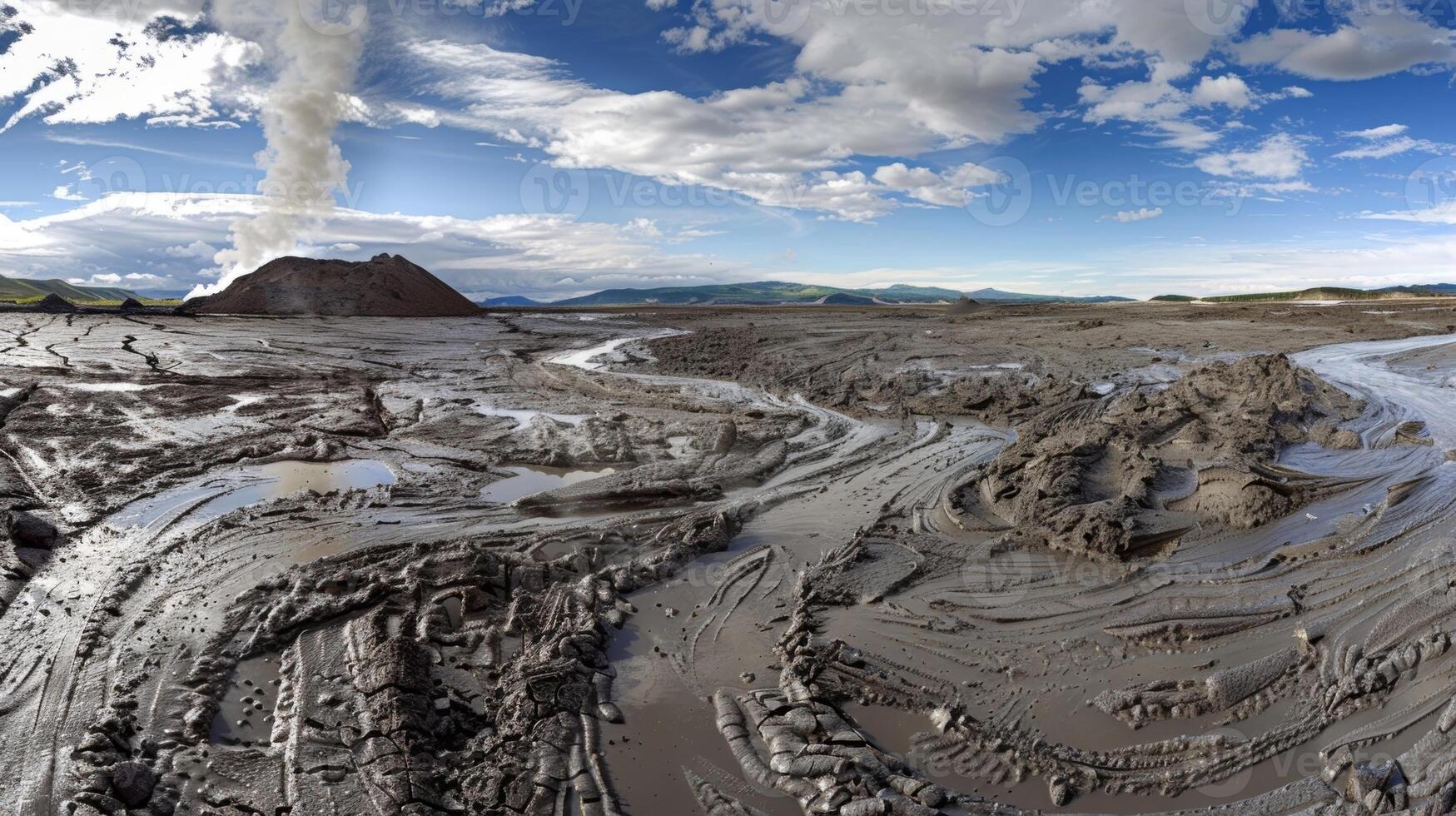 A panoramic view of a vast mud volcano field with steam rising from multiple cones in the distance photo