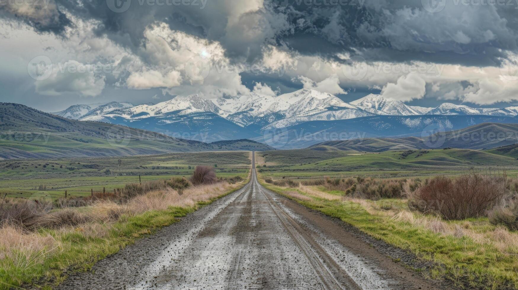 A long road ss through the rain shadow offering a glimpse of the rugged mountain range looming in the distance photo