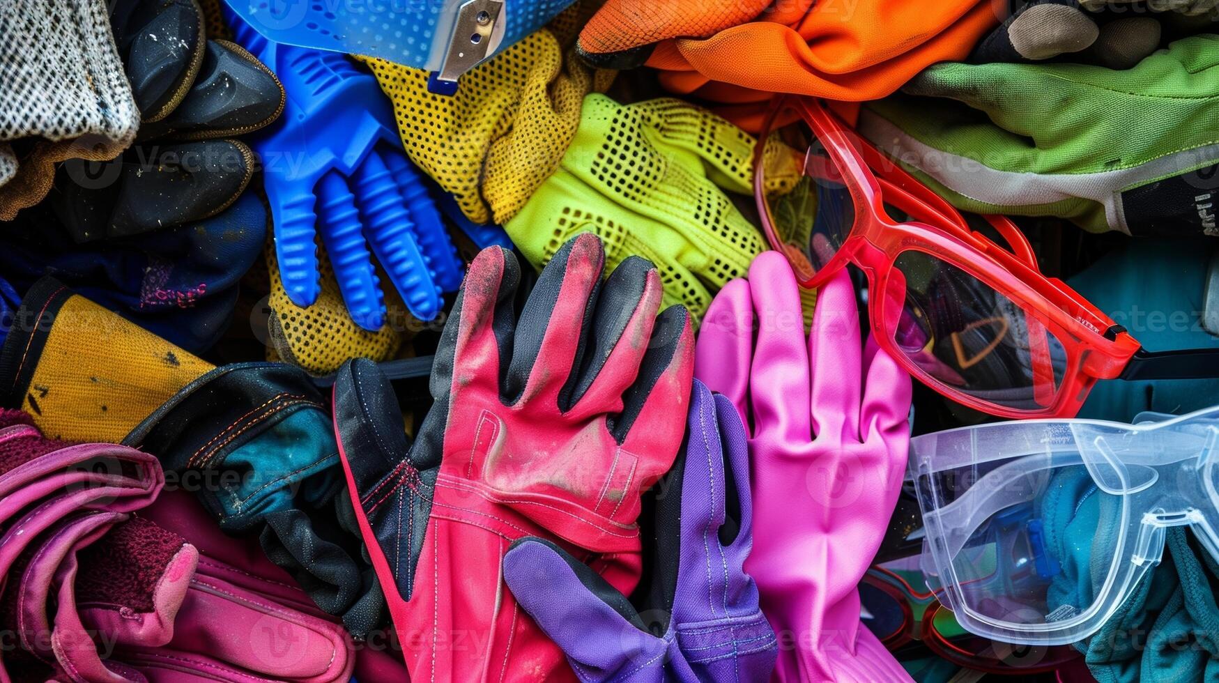 A pile of brightly colored heavyduty work gloves and safety glasses showcasing the variety of protective gear available for different tasks photo