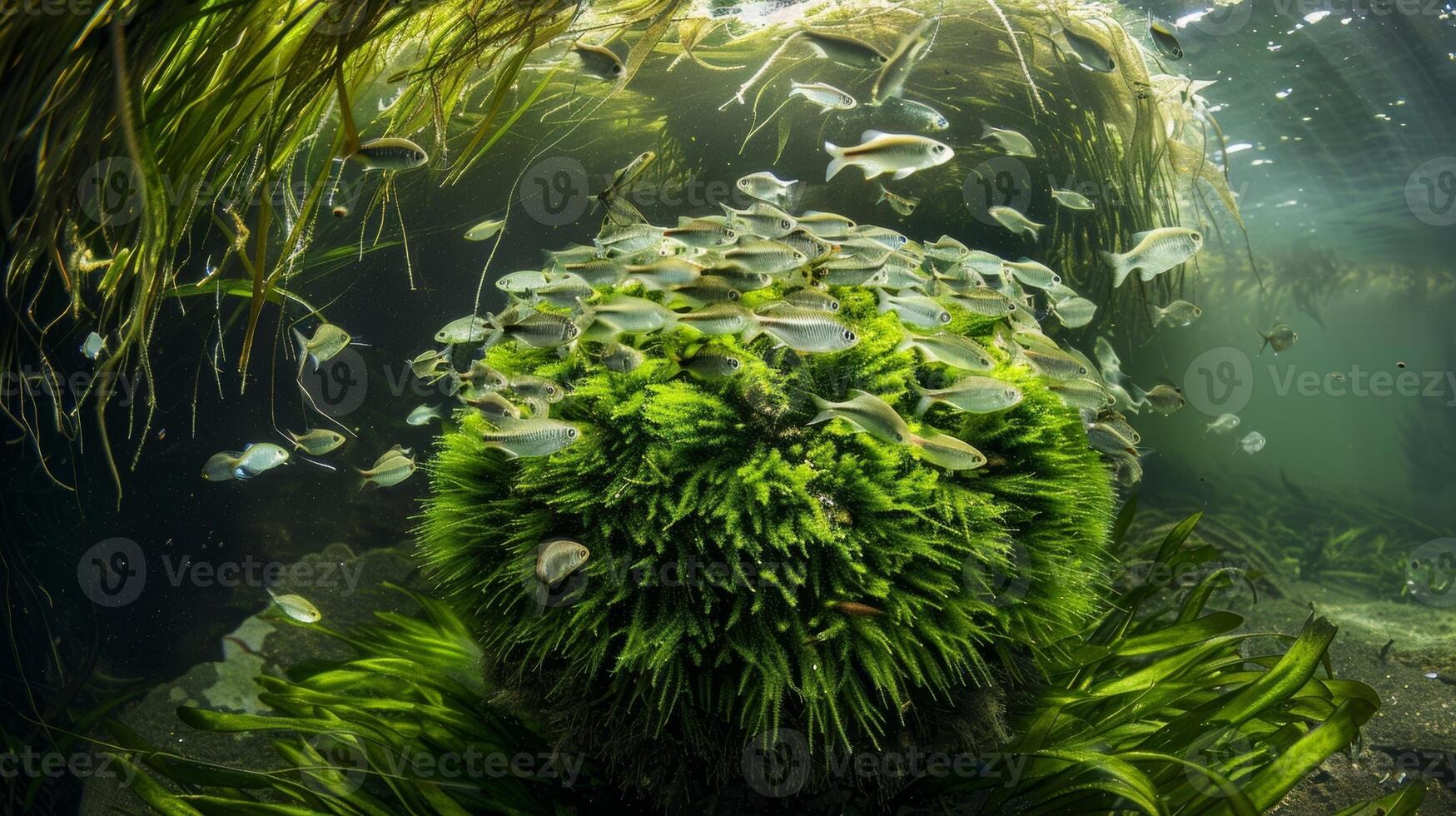 A shoal of shimmering fish shelters under a large fluffy moss ball using it as a safe haven from predators photo