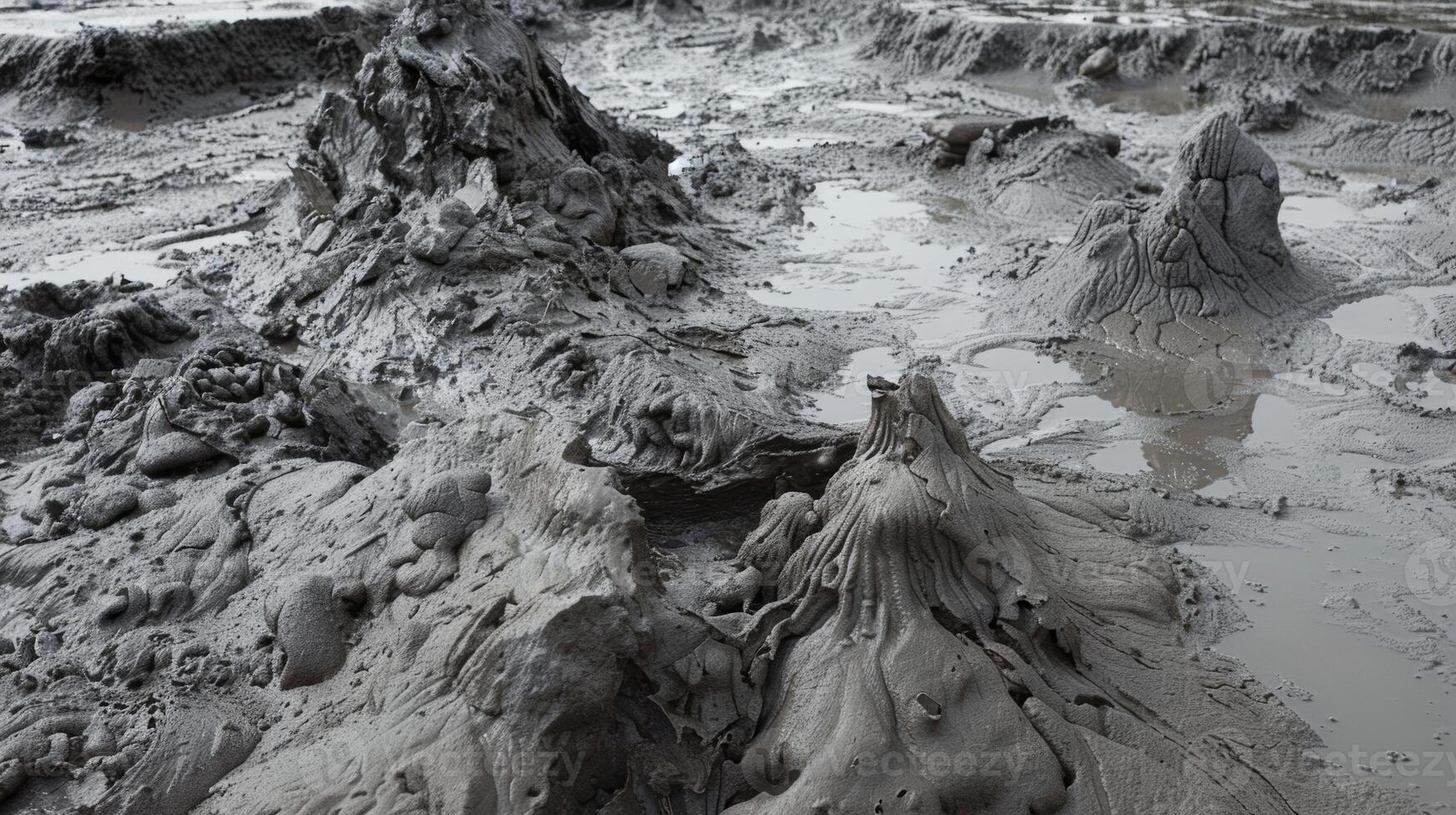 A muddy rocky landscape featuring both active and inactive mud volcanoes of various shapes and sizes photo