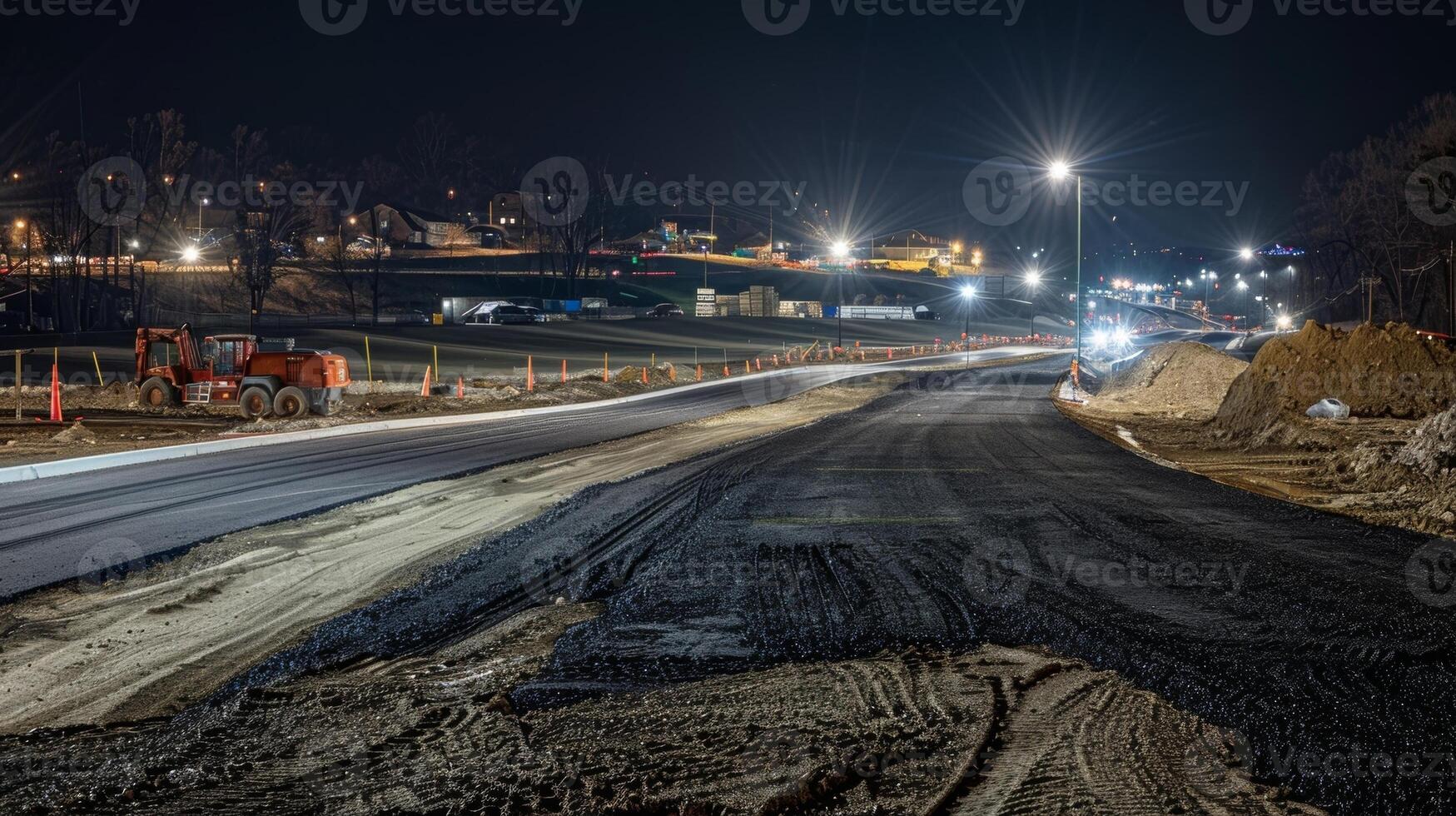 As the night progresses the once rough and uneven ground transforms into a smooth and sy roadway as the final layer of asphalt is applied photo