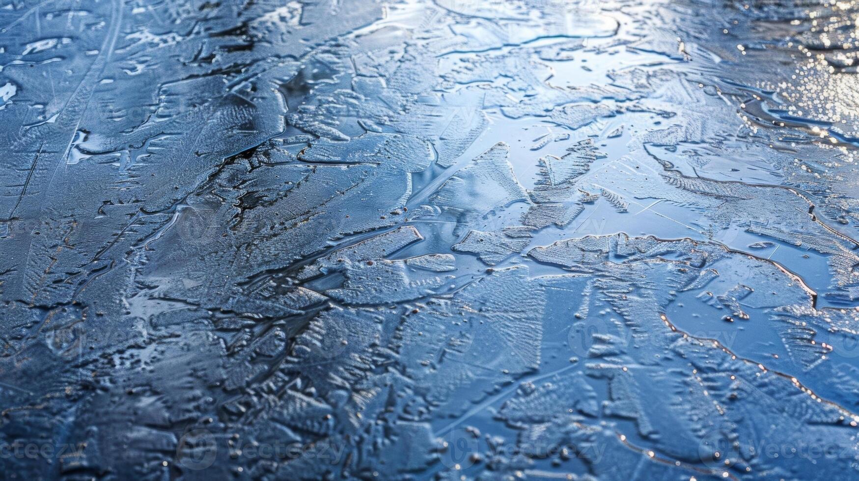 A thin sheet of ice covering the surface of a lake creating a mirrorlike effect photo