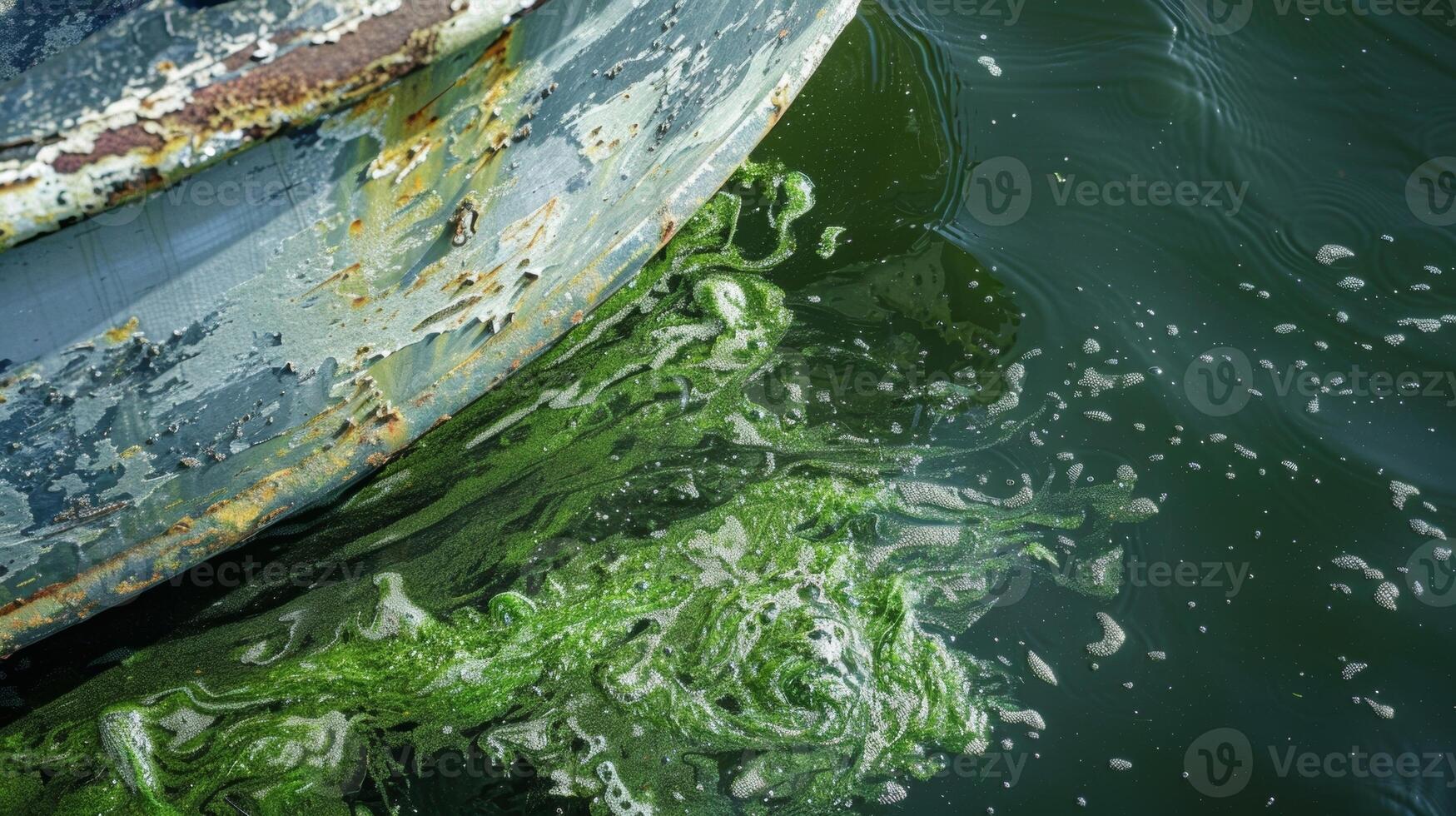 Detailed image of slick algae clinging to the side of a boat leaving a trail of slime in the water photo