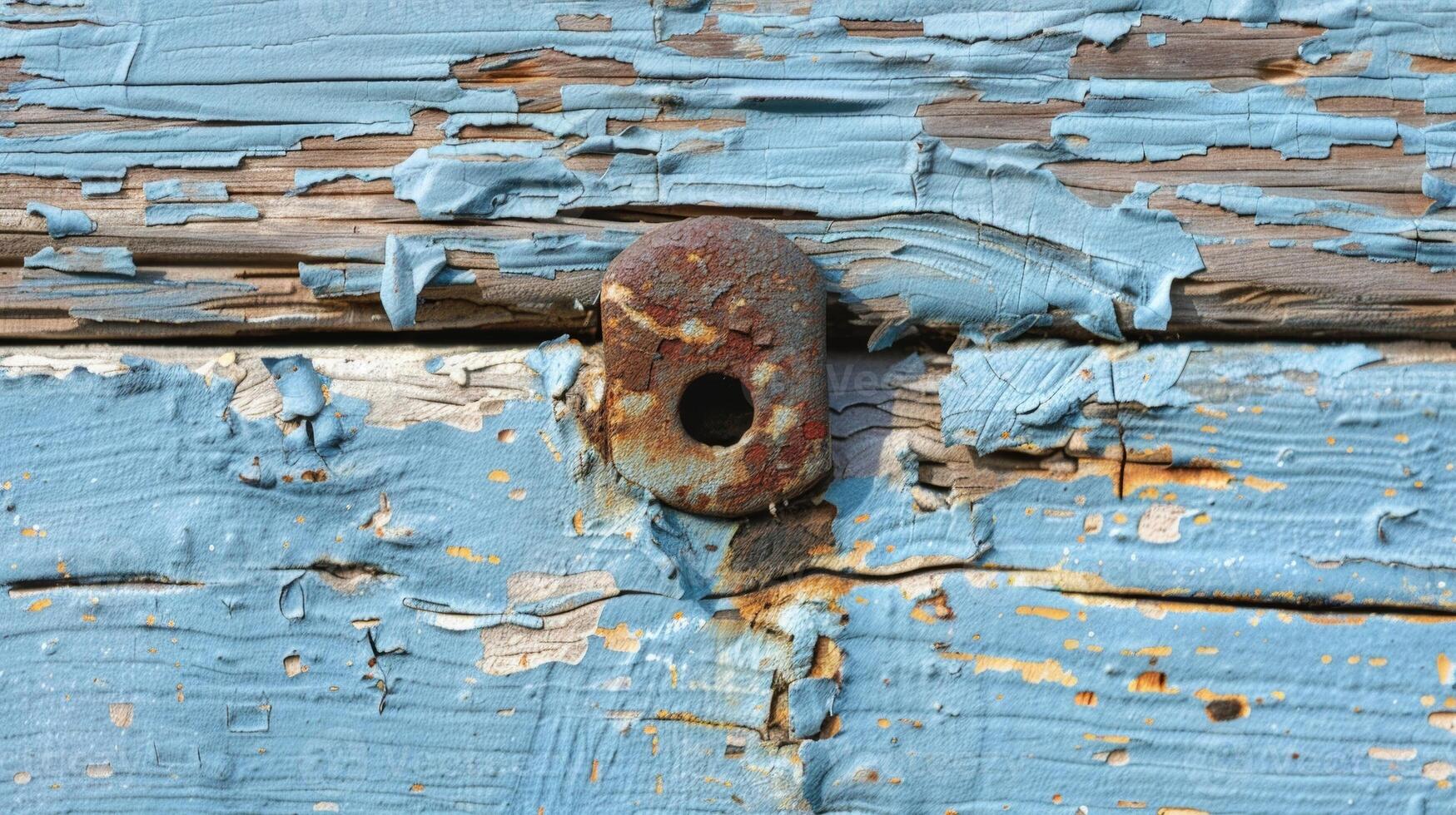 Splinters of frayed wood protruding from a weathered faded blue exterior with chipped paint and rusted clasps giving a sense of a wellused life photo