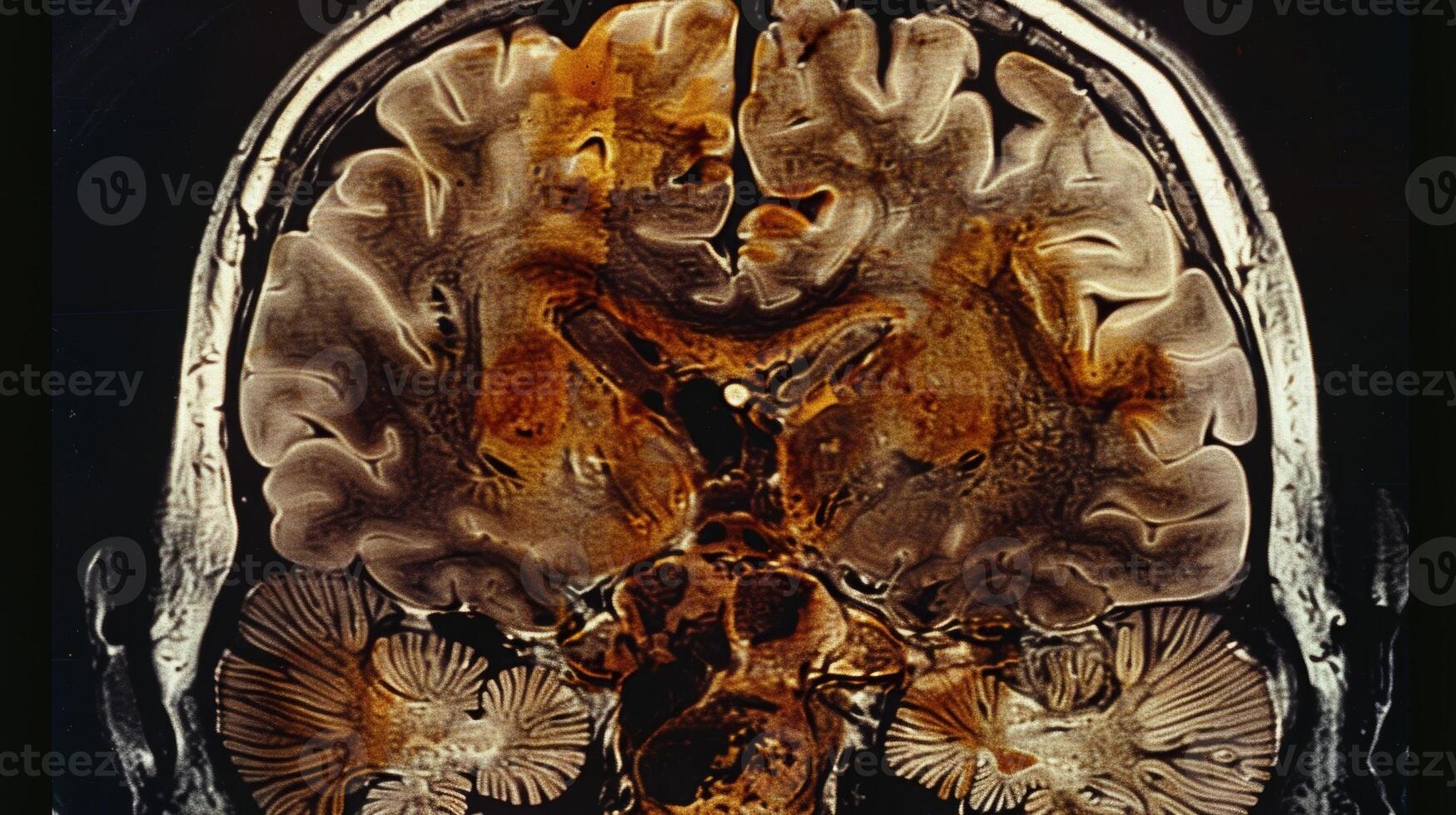 An up close view of an MRI scan displaying progressive brain atrophy photo