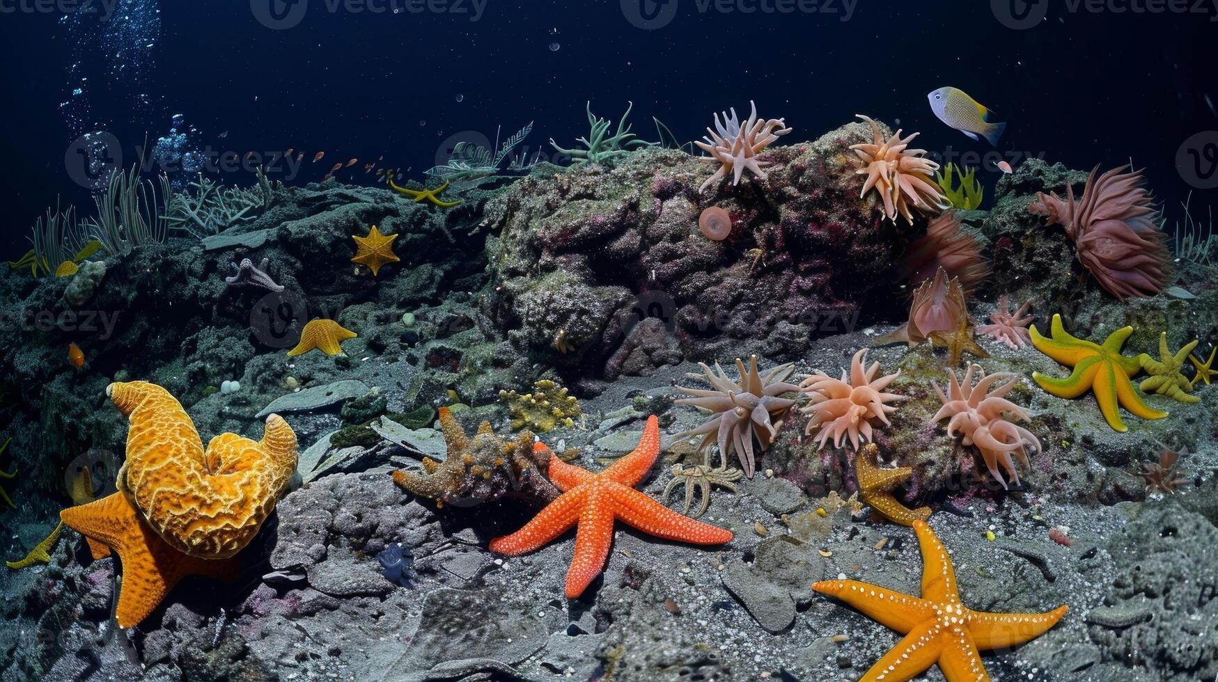 An array of sea stars sponges and other filter feeders benefiting from the enhanced nutrients surrounding a whale fall photo