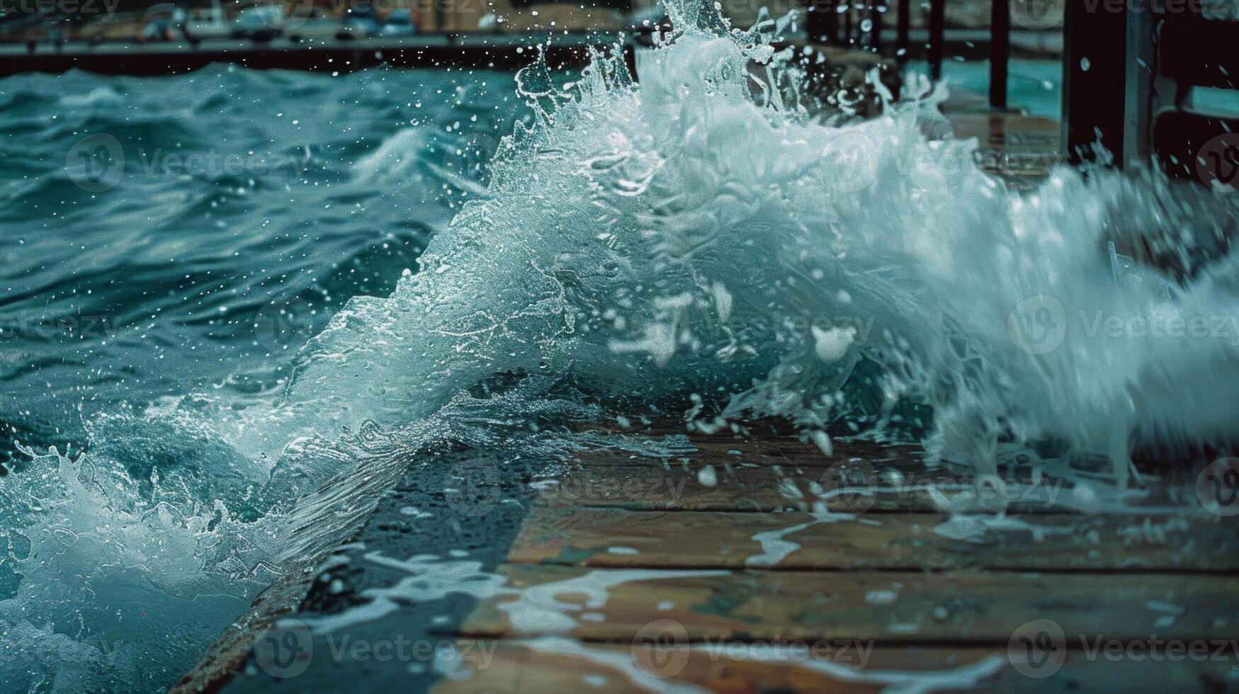 The calm waters of a harbor are interrupted by the sudden crash of a rogue wave against the dock photo
