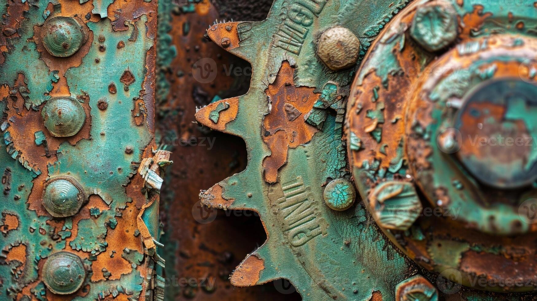 The intricate details of an old gear with worn edges and a patina of green and brown oxidation covering its surface photo